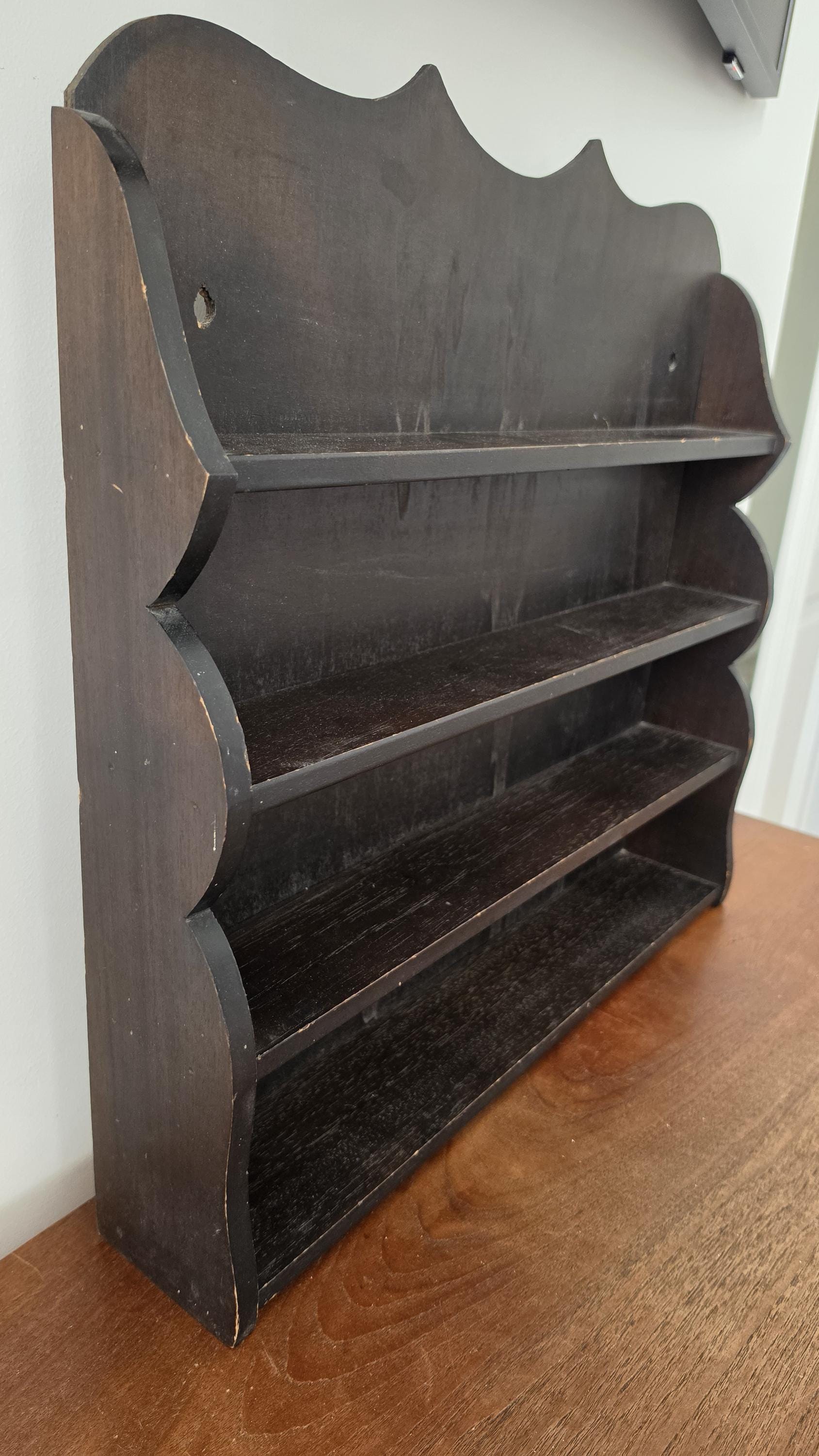 Vintage Wooden Wall Shelf, Cottage Style Spice Rack, Dark Wood Display Shelf, Rustic Wall Mounted Shelving, Farmhouse Kitchen Organizer