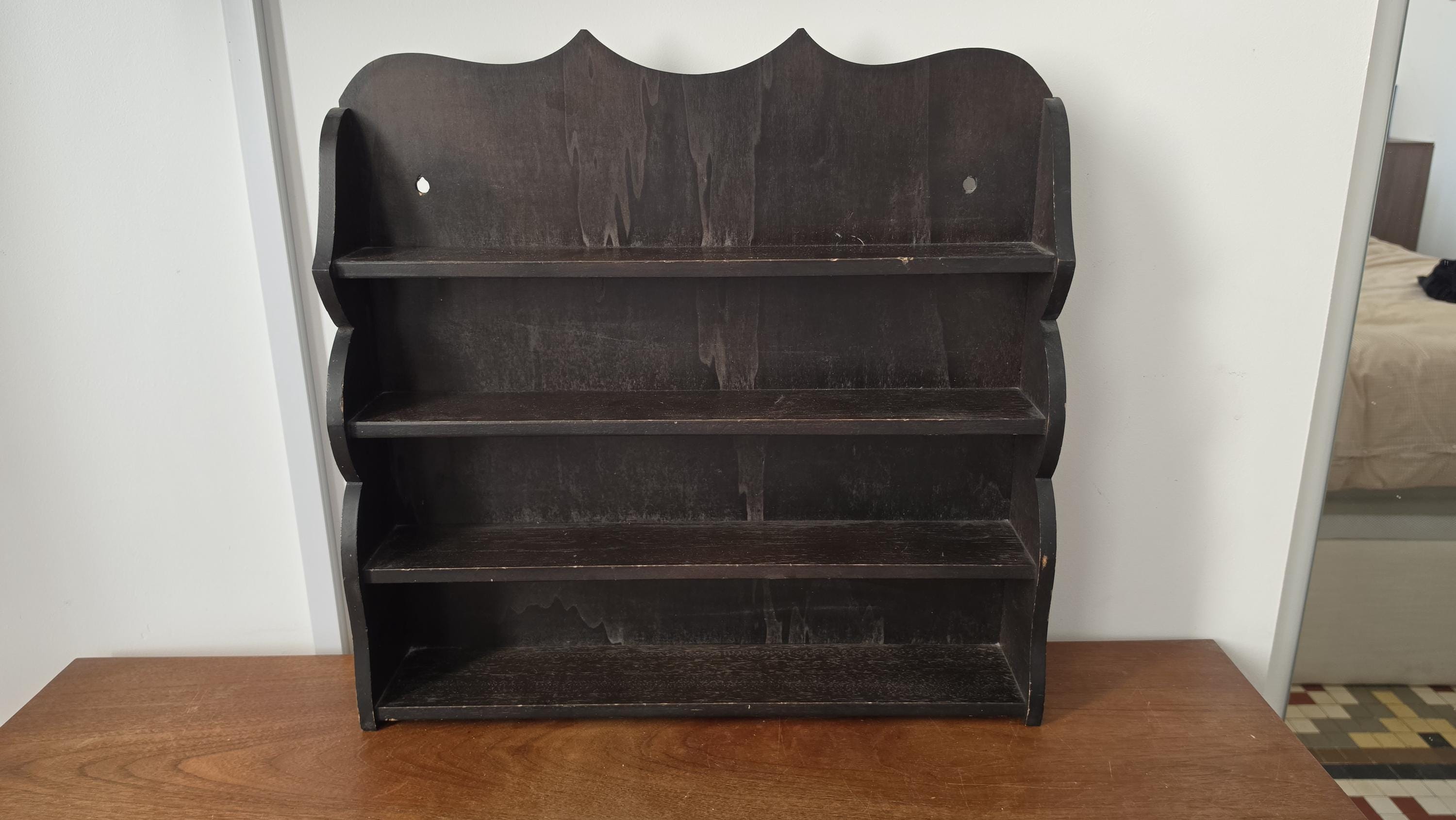 Vintage Wooden Wall Shelf, Cottage Style Spice Rack, Dark Wood Display Shelf, Rustic Wall Mounted Shelving, Farmhouse Kitchen Organizer