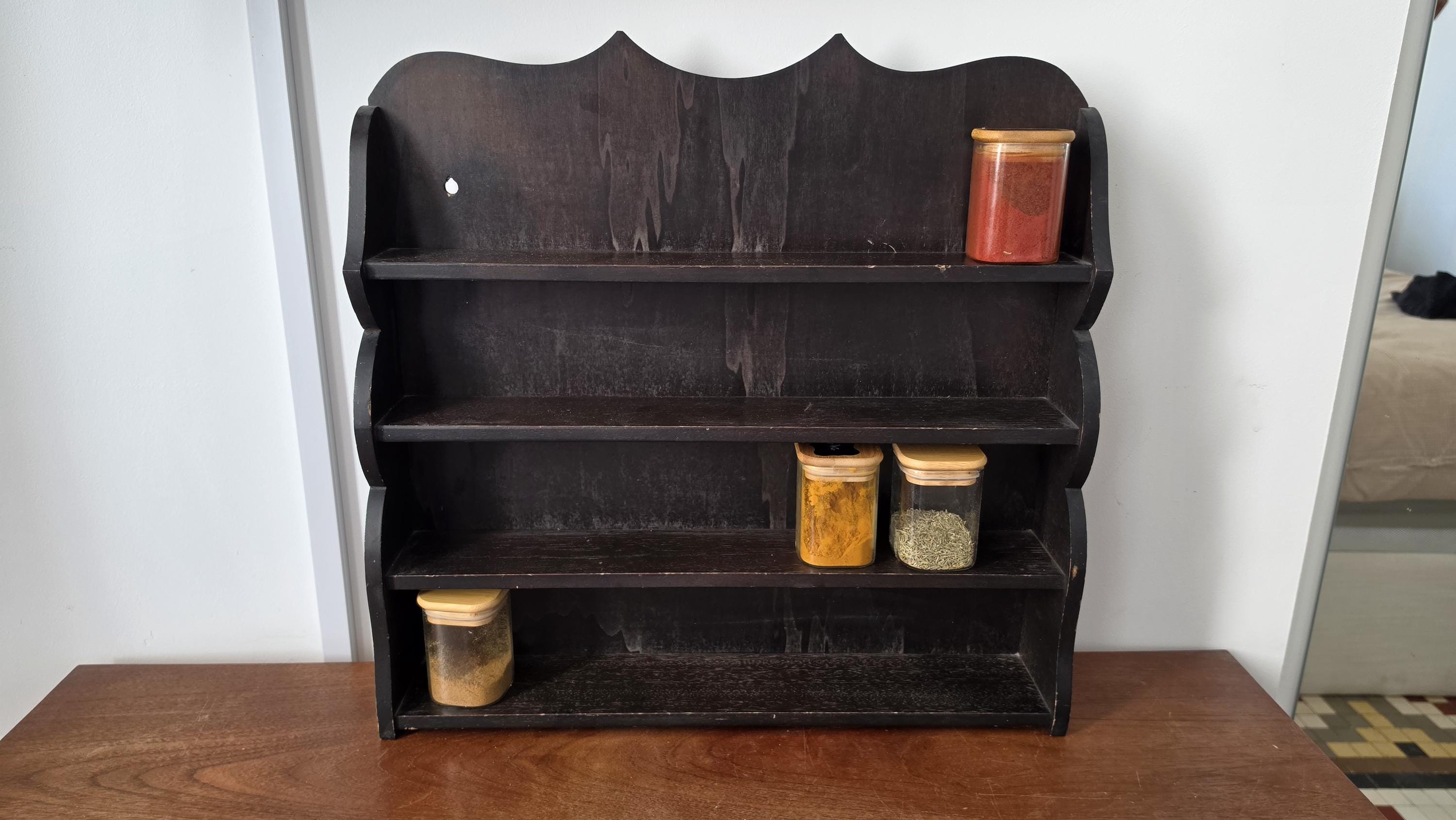 Vintage Wooden Wall Shelf, Cottage Style Spice Rack, Dark Wood Display Shelf, Rustic Wall Mounted Shelving, Farmhouse Kitchen Organizer