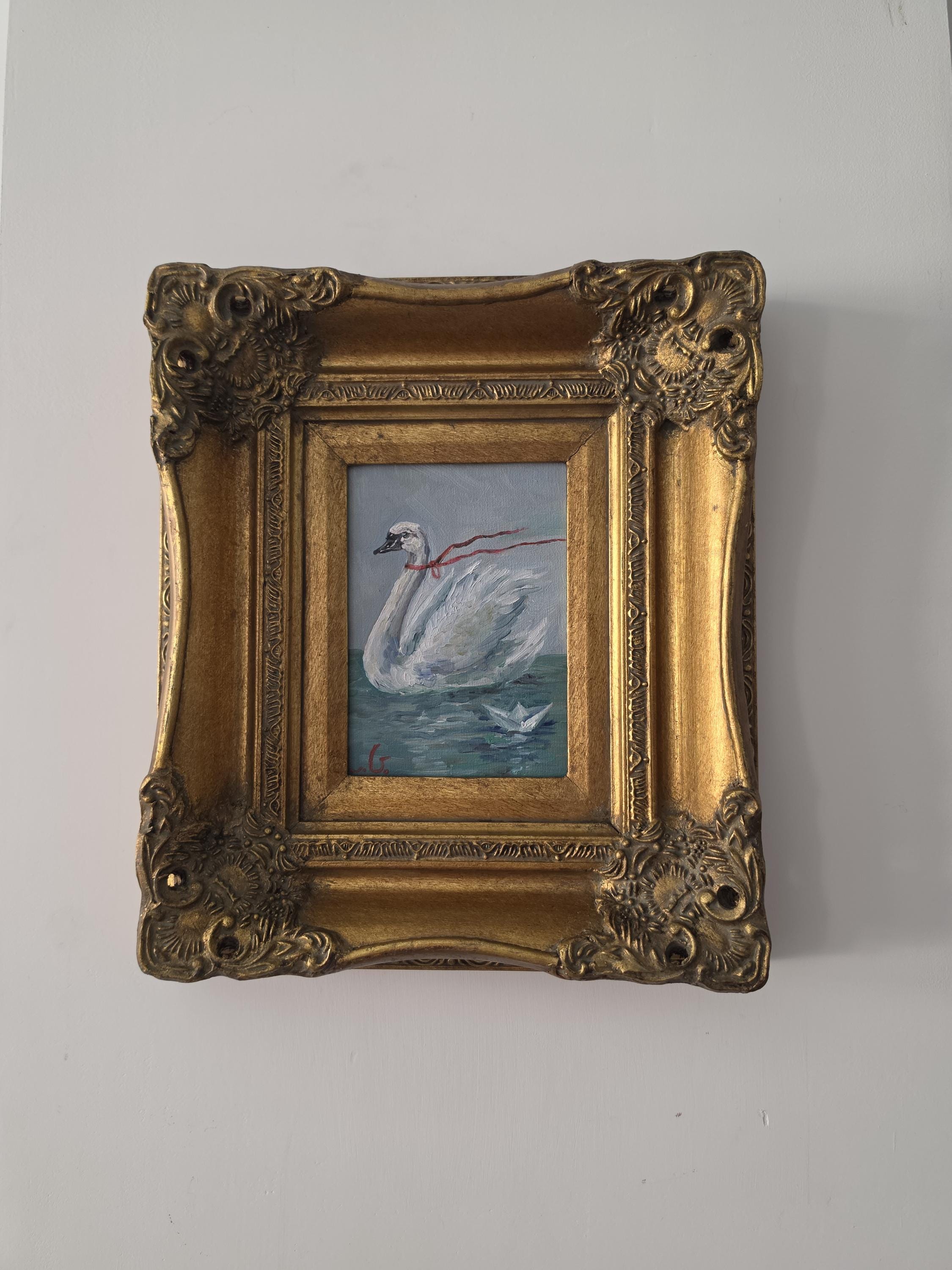 Vintage Ornate Gold Picture Frame with Original Swan Oil Painting, Baroque Wall Art, Gilded Hollywood Regency Decor