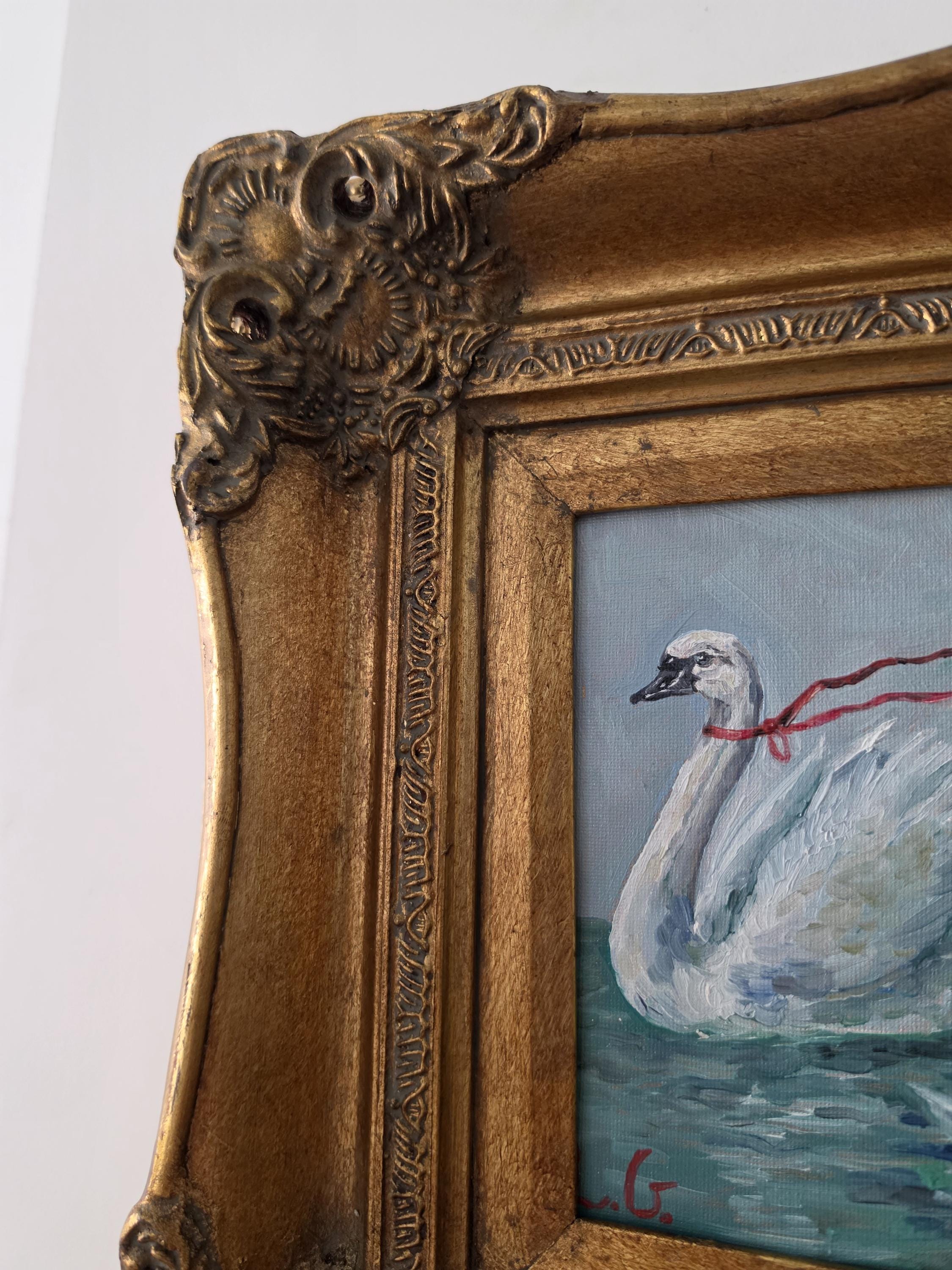 Vintage Ornate Gold Picture Frame with Original Swan Oil Painting, Baroque Wall Art, Gilded Hollywood Regency Decor