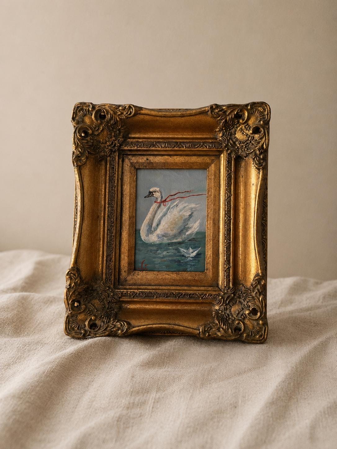 Vintage Ornate Gold Picture Frame with Original Swan Oil Painting