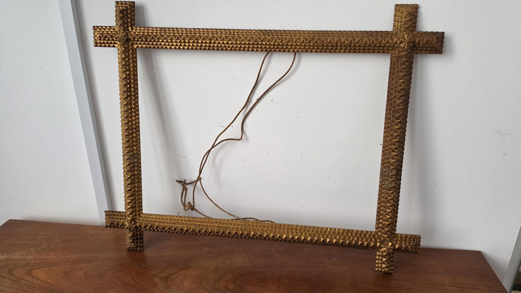 Antique Tramp Art Picture Frame, Hand Carved Folk Art Frame, Gold Painted Wood Frame, Black Forest Style, Primitive Wall Decor, 18x13 inside