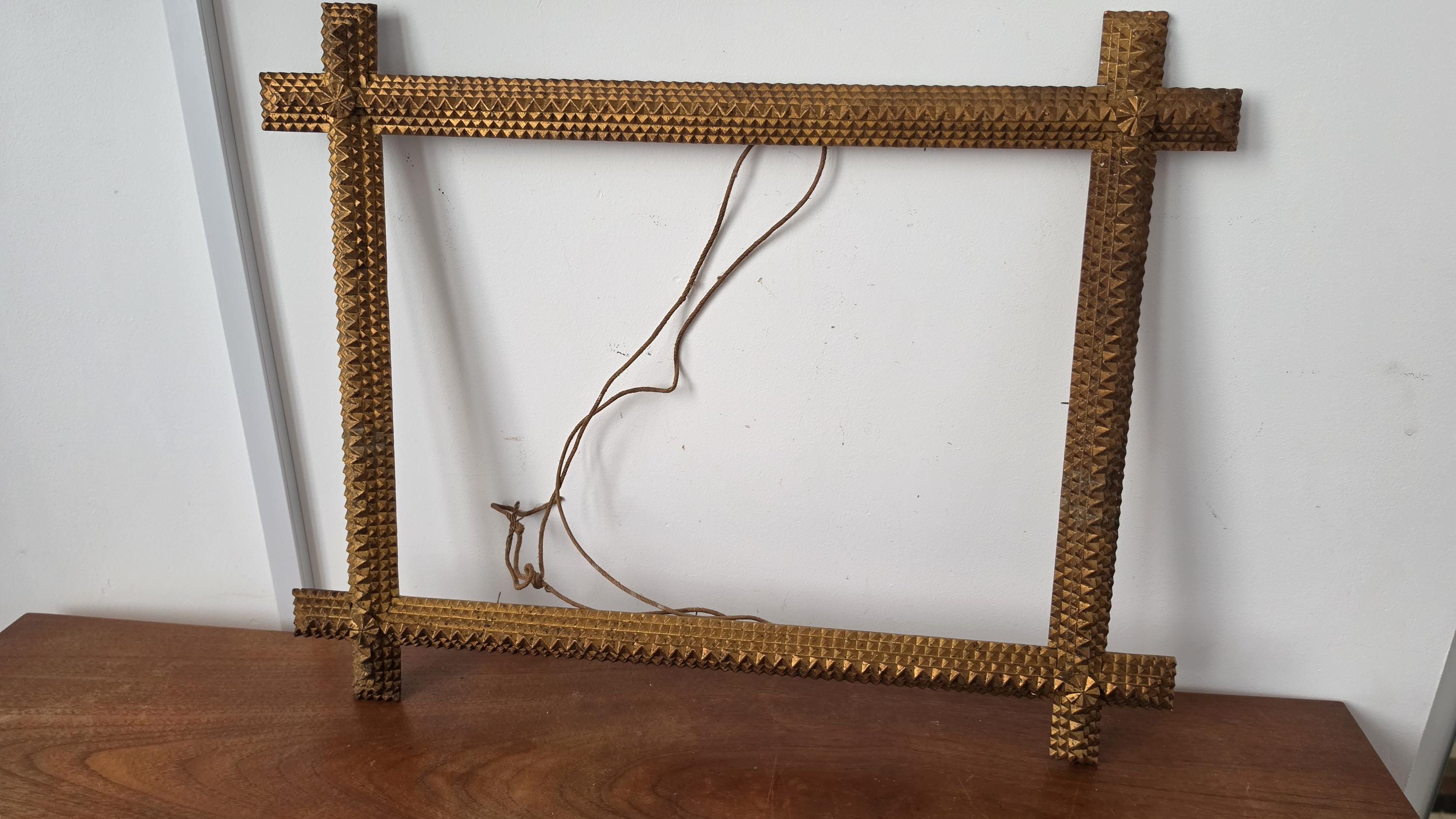 Antique Tramp Art Picture Frame, Hand Carved Folk Art Frame, Gold Painted Wood Frame, Black Forest Style, Primitive Wall Decor, 18x13 inside