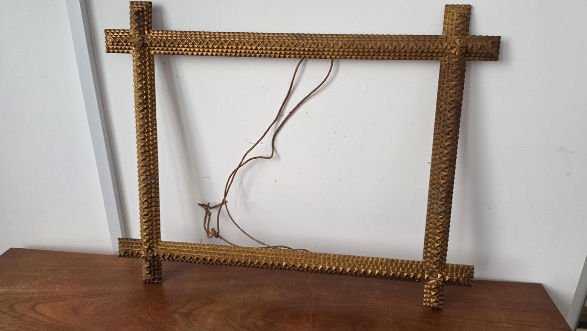 Antique Tramp Art Picture Frame, Hand Carved Folk Art Frame, Gold Painted Wood Frame, Black Forest Style, Primitive Wall Decor, 18x13 inside