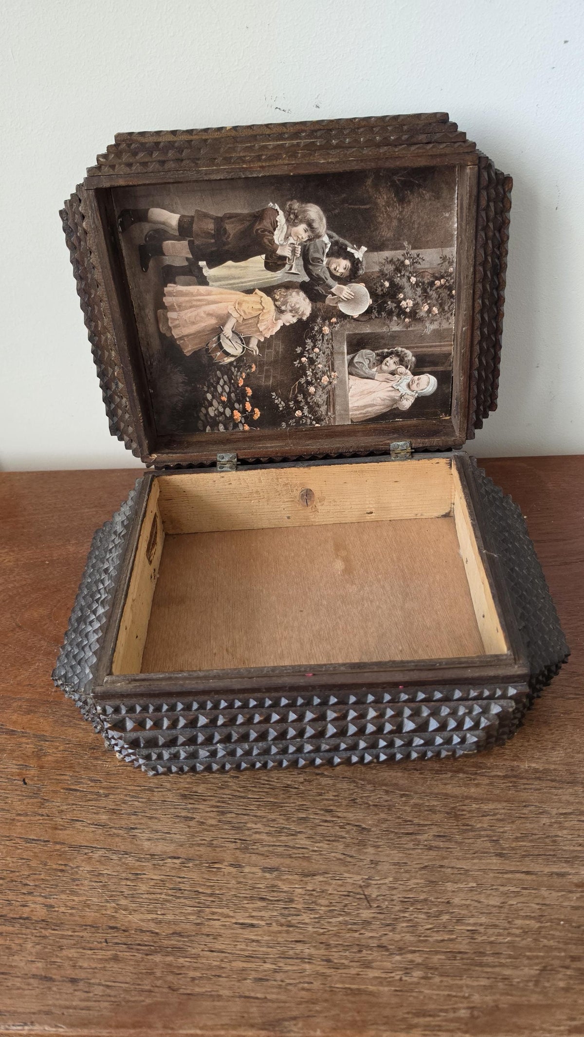 Antique Tramp Art Box, Hand Carved Wooden Keepsake Box, Chip Carved Folk Art Jewelry Box, Primitive Storage Casket, Black Forest Style Decor