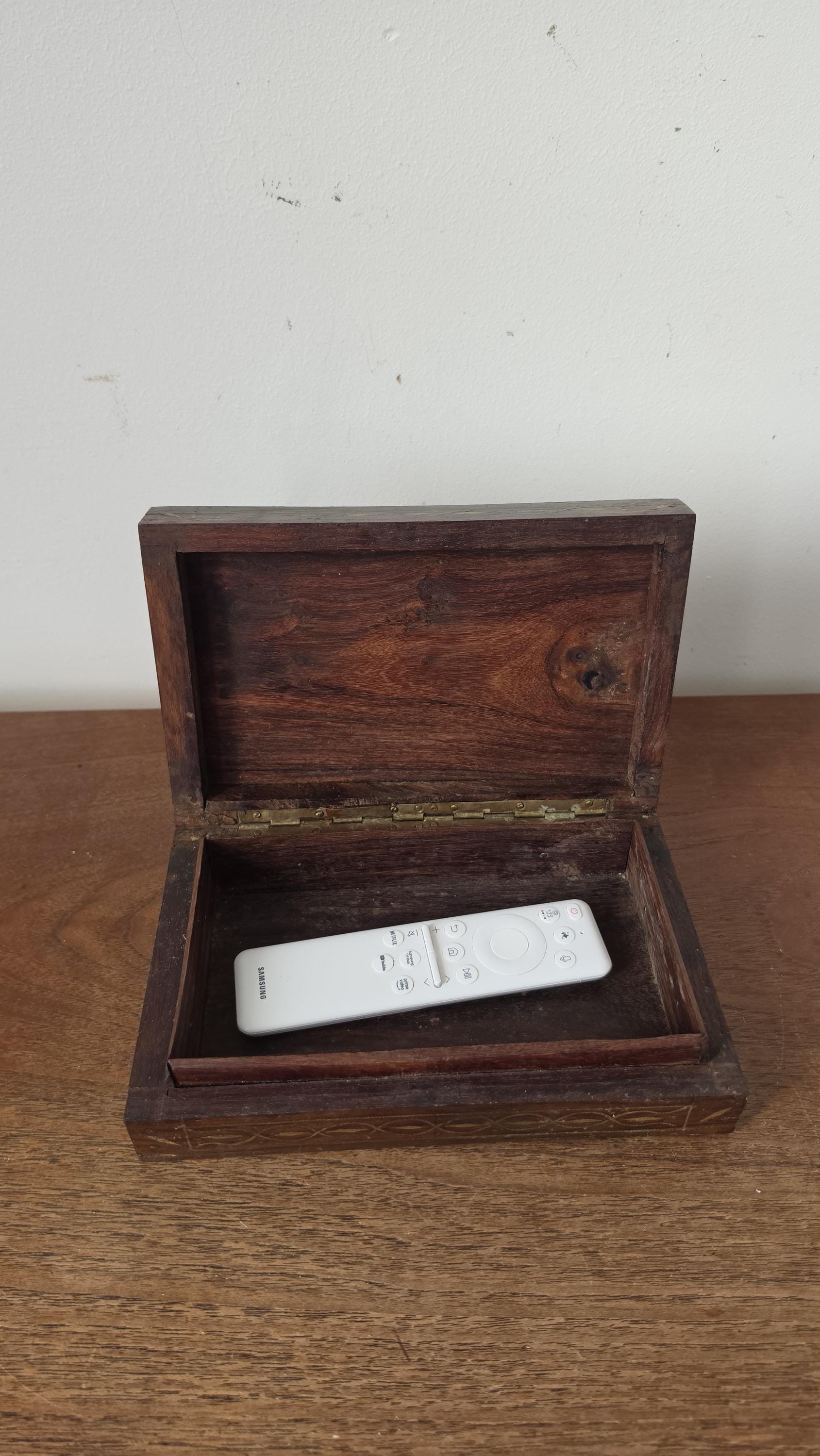 Vintage Wooden Trinket Box with Brass Inlay, Handcrafted Jewelry Box, Decorative Keepsake Box, Rustic Wood Storage Box, Mid Century Casket