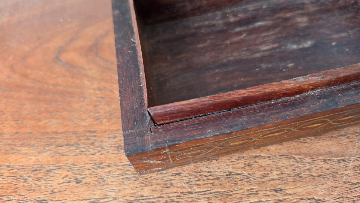 Vintage Wooden Trinket Box with Brass Inlay, Handcrafted Jewelry Box, Decorative Keepsake Box, Rustic Wood Storage Box, Mid Century Casket