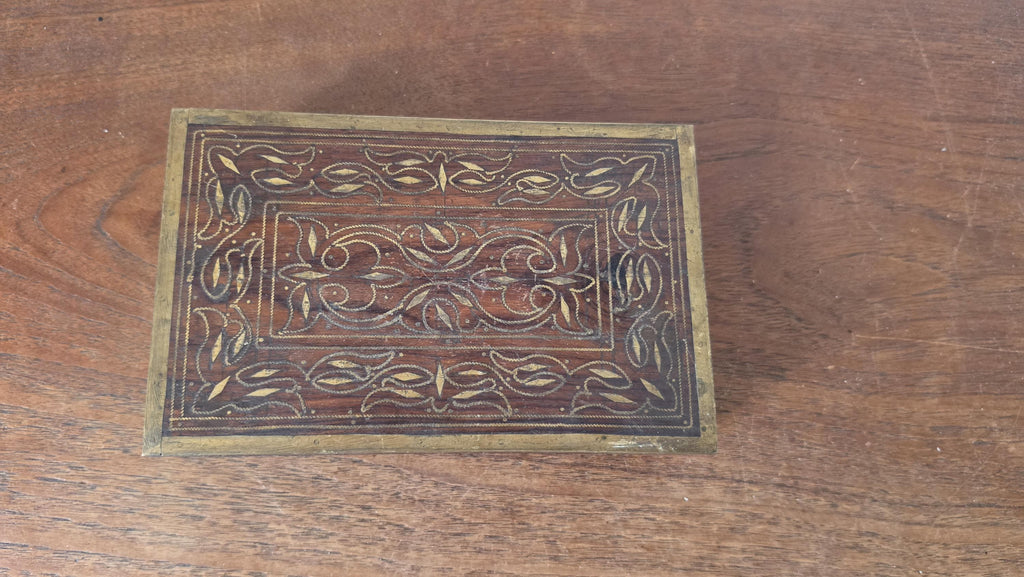Vintage Wooden Trinket Box with Brass Inlay, Handcrafted Jewelry Box, Decorative Keepsake Box, Rustic Wood Storage Box, Mid Century Casket
