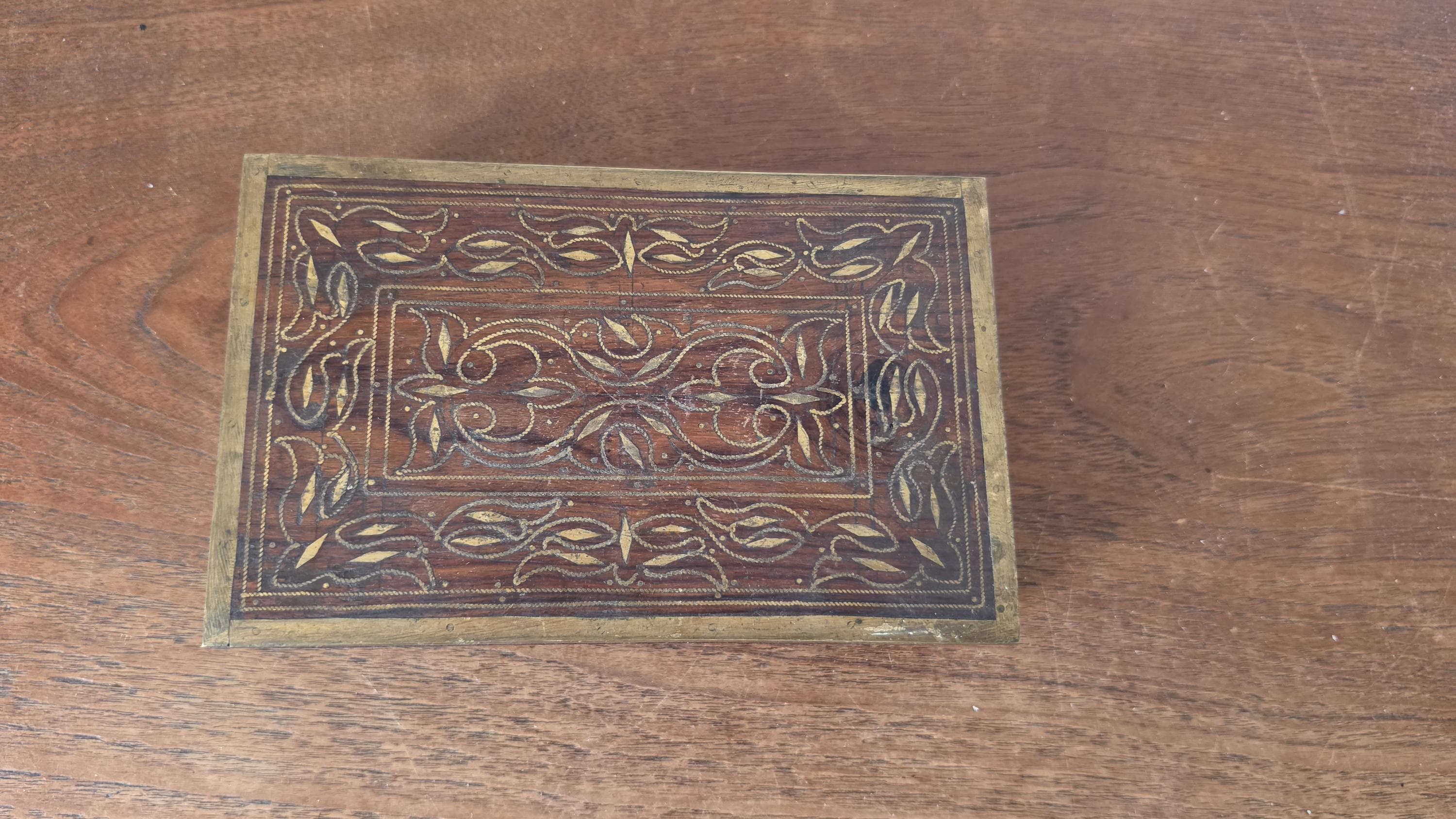 Vintage Wooden Trinket Box with Brass Inlay, Handcrafted Jewelry Box, Decorative Keepsake Box, Rustic Wood Storage Box, Mid Century Casket