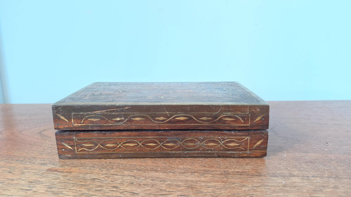 Vintage Wooden Trinket Box with Brass Inlay, Handcrafted Jewelry Box, Decorative Keepsake Box, Rustic Wood Storage Box, Mid Century Casket