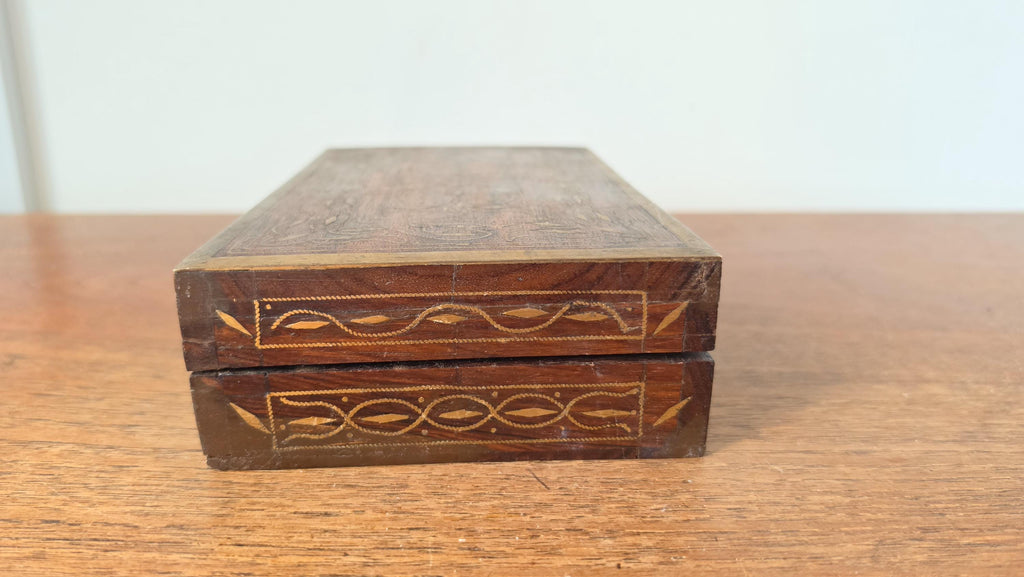 Vintage Wooden Trinket Box with Brass Inlay, Handcrafted Jewelry Box, Decorative Keepsake Box, Rustic Wood Storage Box, Mid Century Casket