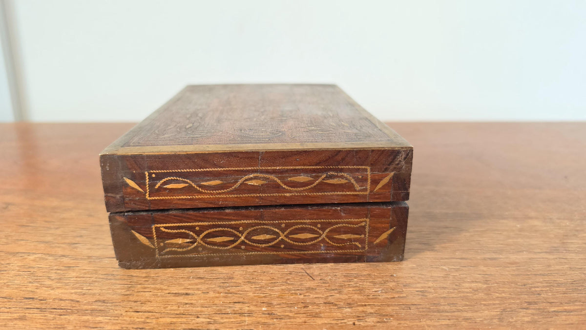 Vintage Wooden Trinket Box with Brass Inlay, Handcrafted Jewelry Box, Decorative Keepsake Box, Rustic Wood Storage Box, Mid Century Casket
