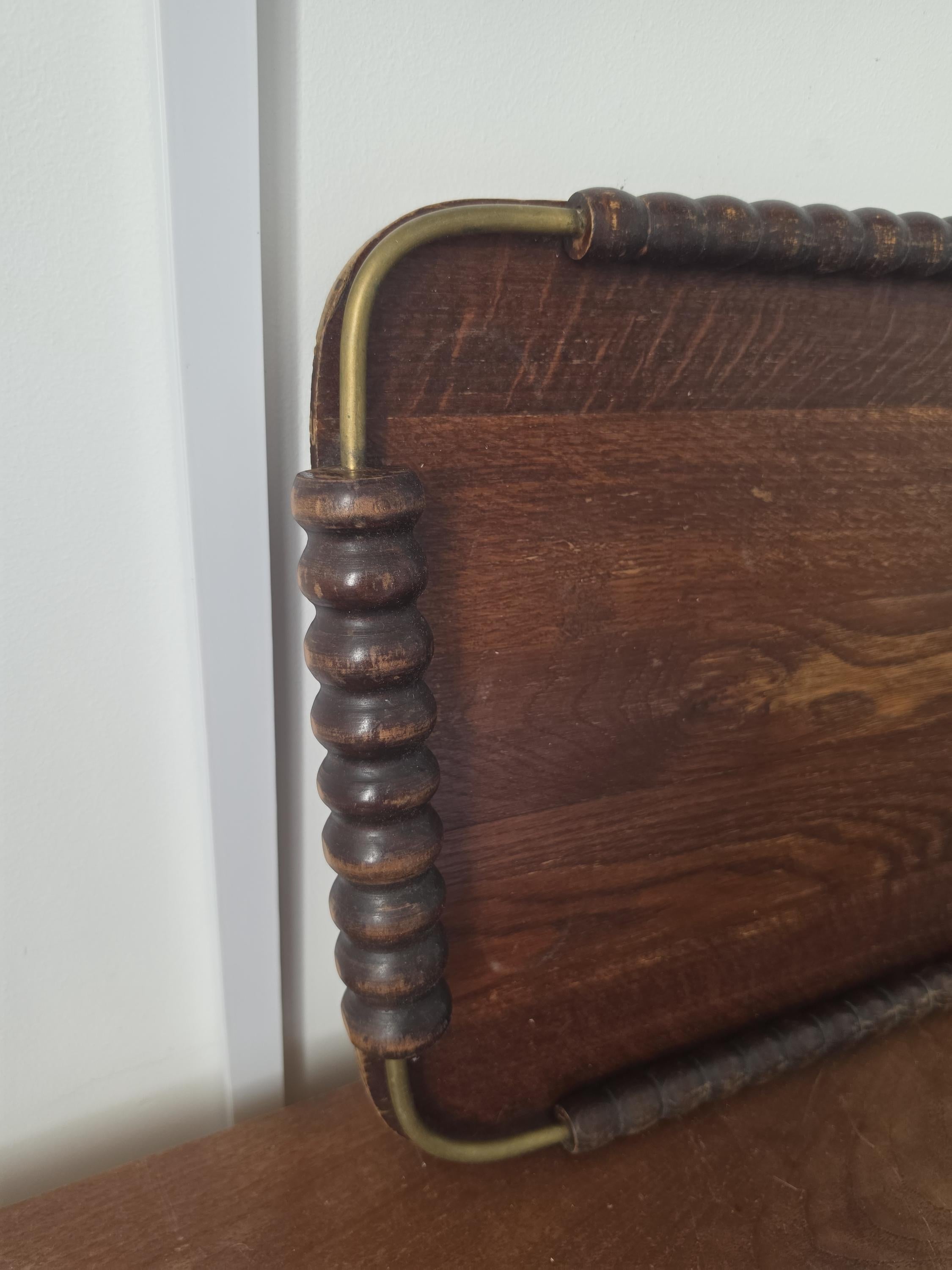 Vintage Wooden Serving Tray with Turned Wood Handles, Brass Gallery Tray, Rustic Farmhouse Serving Tray, Mid Century Wood Breakfast Tray