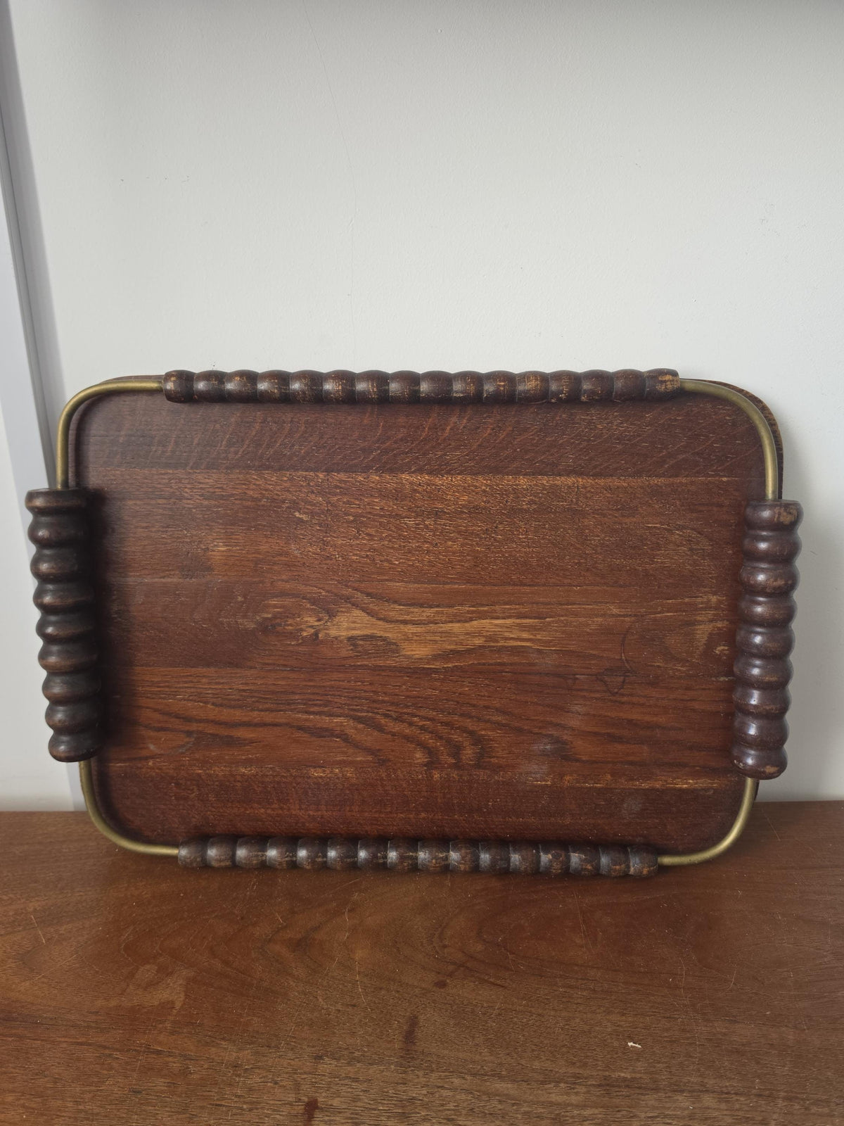 Vintage Wooden Serving Tray with Turned Wood Handles, Brass Gallery Tray, Rustic Farmhouse Serving Tray, Mid Century Wood Breakfast Tray
