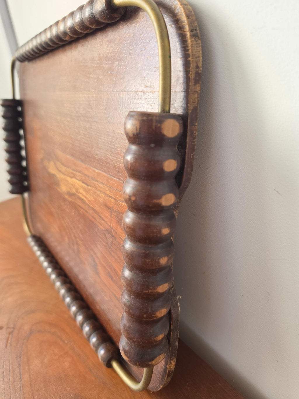 Vintage Wooden Serving Tray with Turned Wood Handles, Brass Gallery Tray, Rustic Farmhouse Serving Tray, Mid Century Wood Breakfast Tray
