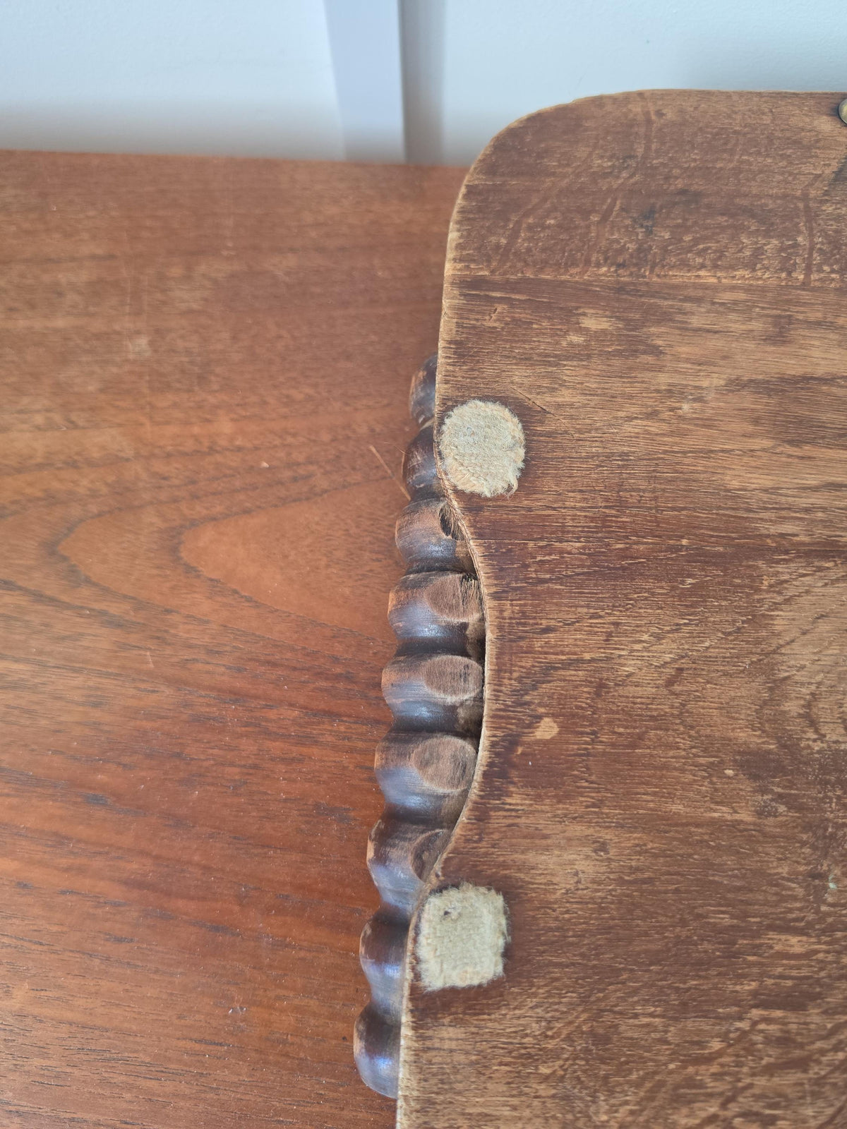 Vintage Wooden Serving Tray with Turned Wood Handles, Brass Gallery Tray, Rustic Farmhouse Serving Tray, Mid Century Wood Breakfast Tray