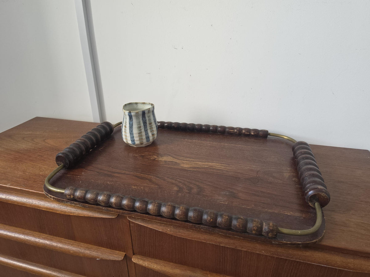 Vintage Wooden Serving Tray with Turned Wood Handles, Brass Gallery Tray, Rustic Farmhouse Serving Tray, Mid Century Wood Breakfast Tray