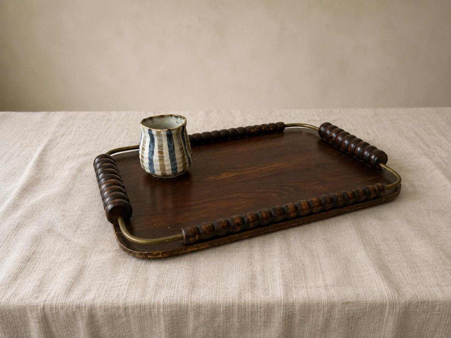 Vintage Wooden Serving Tray with Turned Wood Handles