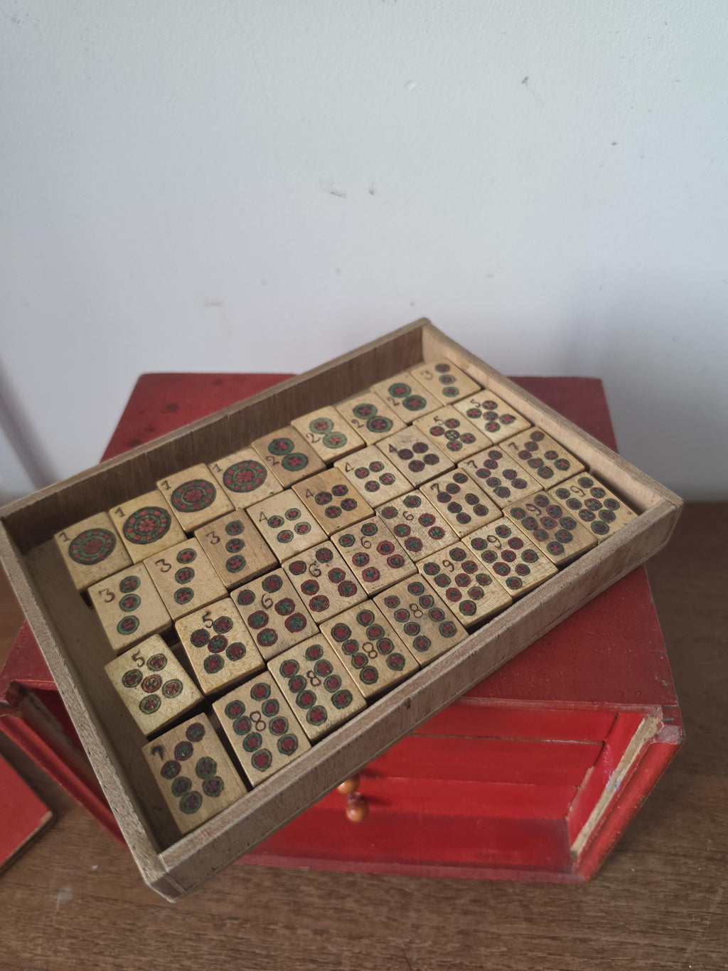Vintage Japanese Mahjong Set in Red Wooden Cabinet, Complete Mah Jong Game, Hand Painted Bamboo Tiles, Mid Century Asian Decor