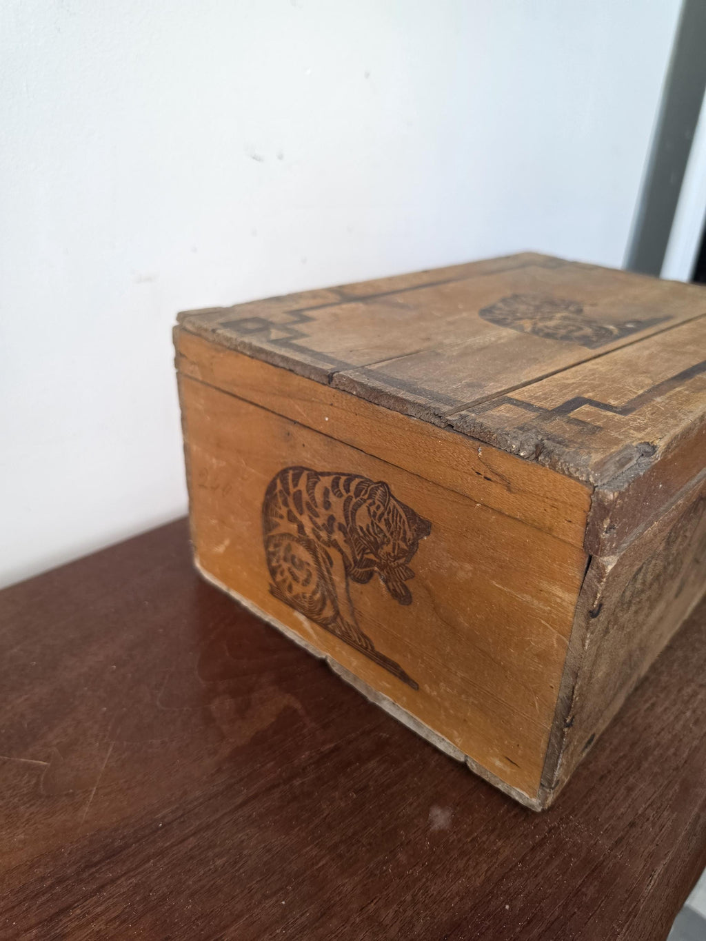 Antique French Wooden Storage Box, Amidon Au Chat Advertising Crate, Rustic Farmhouse Keepsake Chest, Primitive Tiger Decor