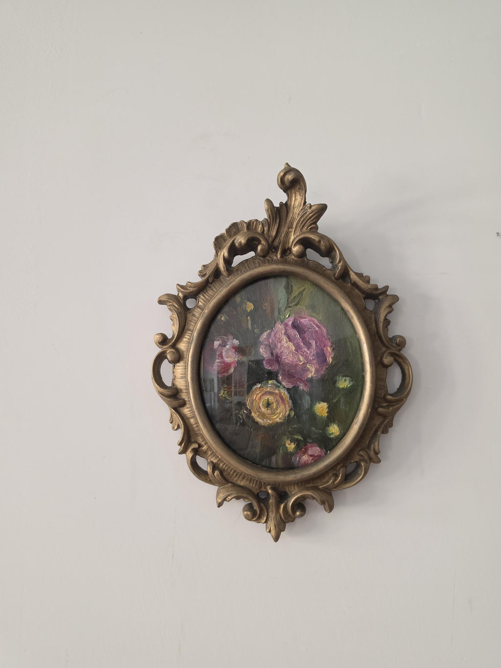 Original Floral Oil Painting, Hand Painted Flower Artwork, Italian Iron Frame, Romantic Cottagecore Wall Art, Vintage