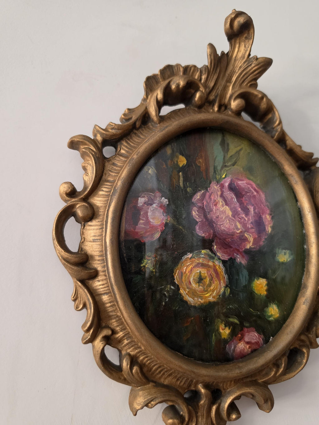 Original Floral Oil Painting, Hand Painted Flower Artwork, Italian Iron Frame, Romantic Cottagecore Wall Art, Vintage