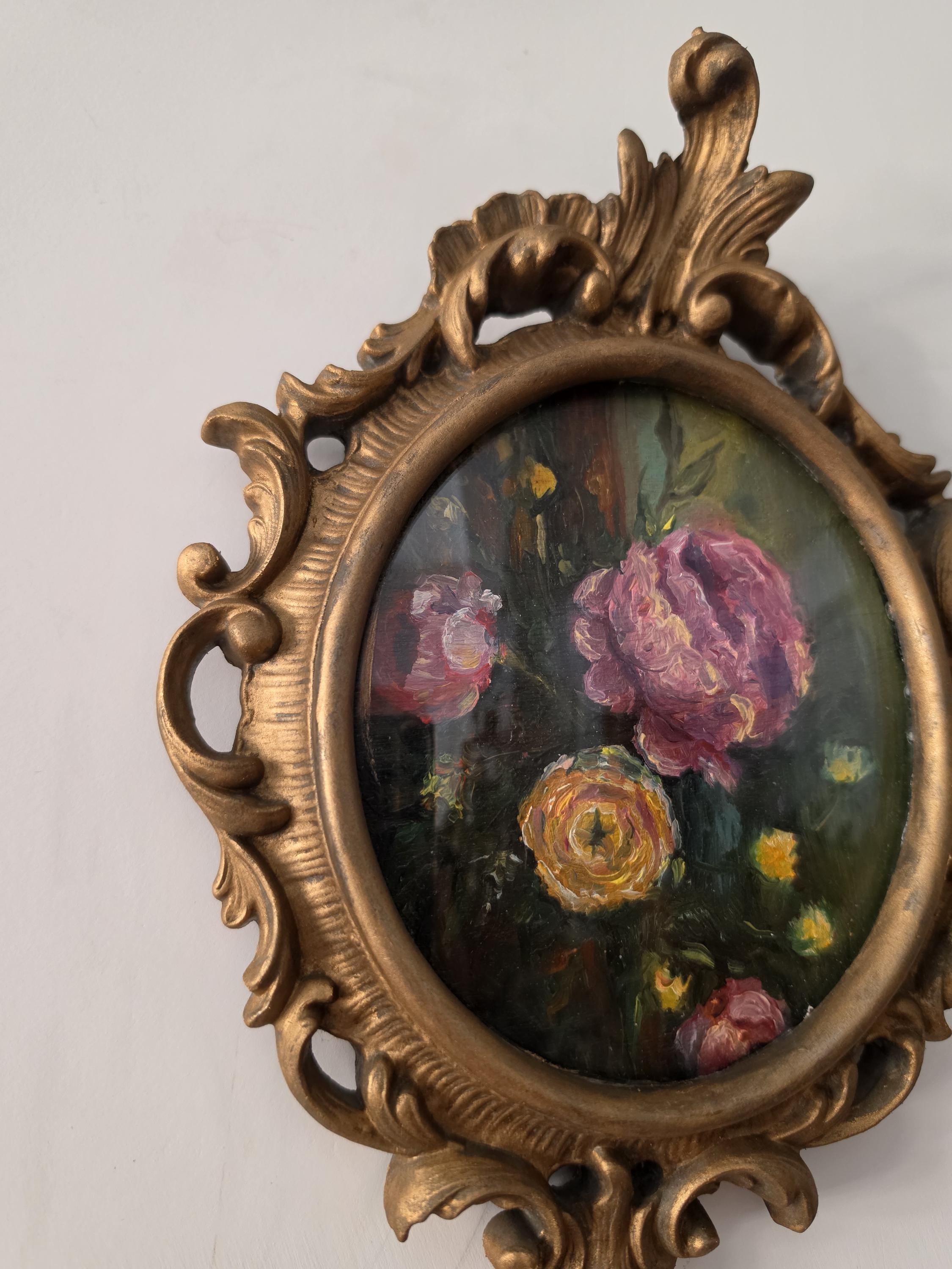 Original Floral Oil Painting, Hand Painted Flower Artwork, Italian Iron Frame, Romantic Cottagecore Wall Art, Vintage