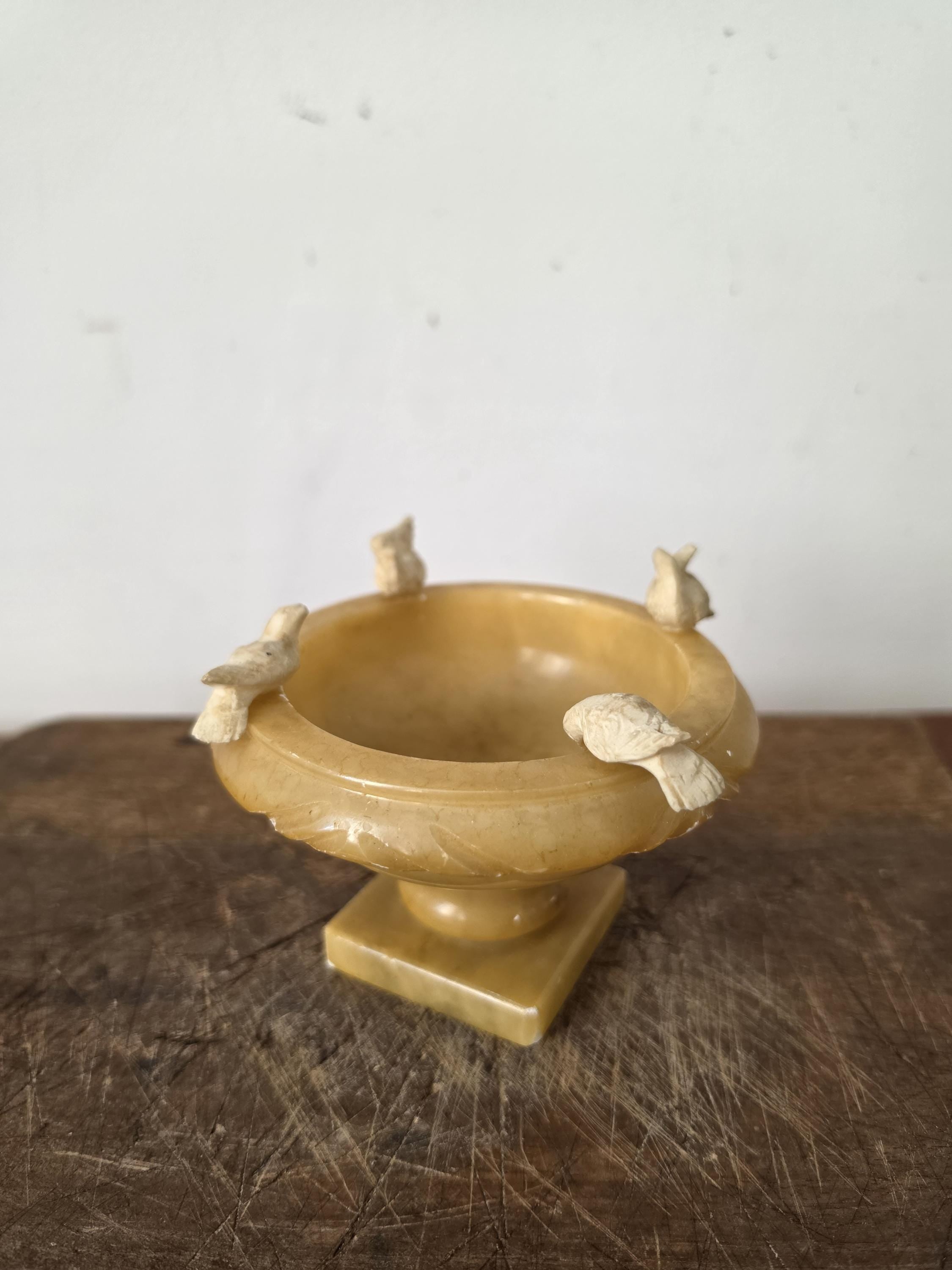 Vintage Italian Alabaster Bird Bowl, Hand Carved Alabaster Compote, Mid Century Italian Stone Dish, Hollywood Regency Decor