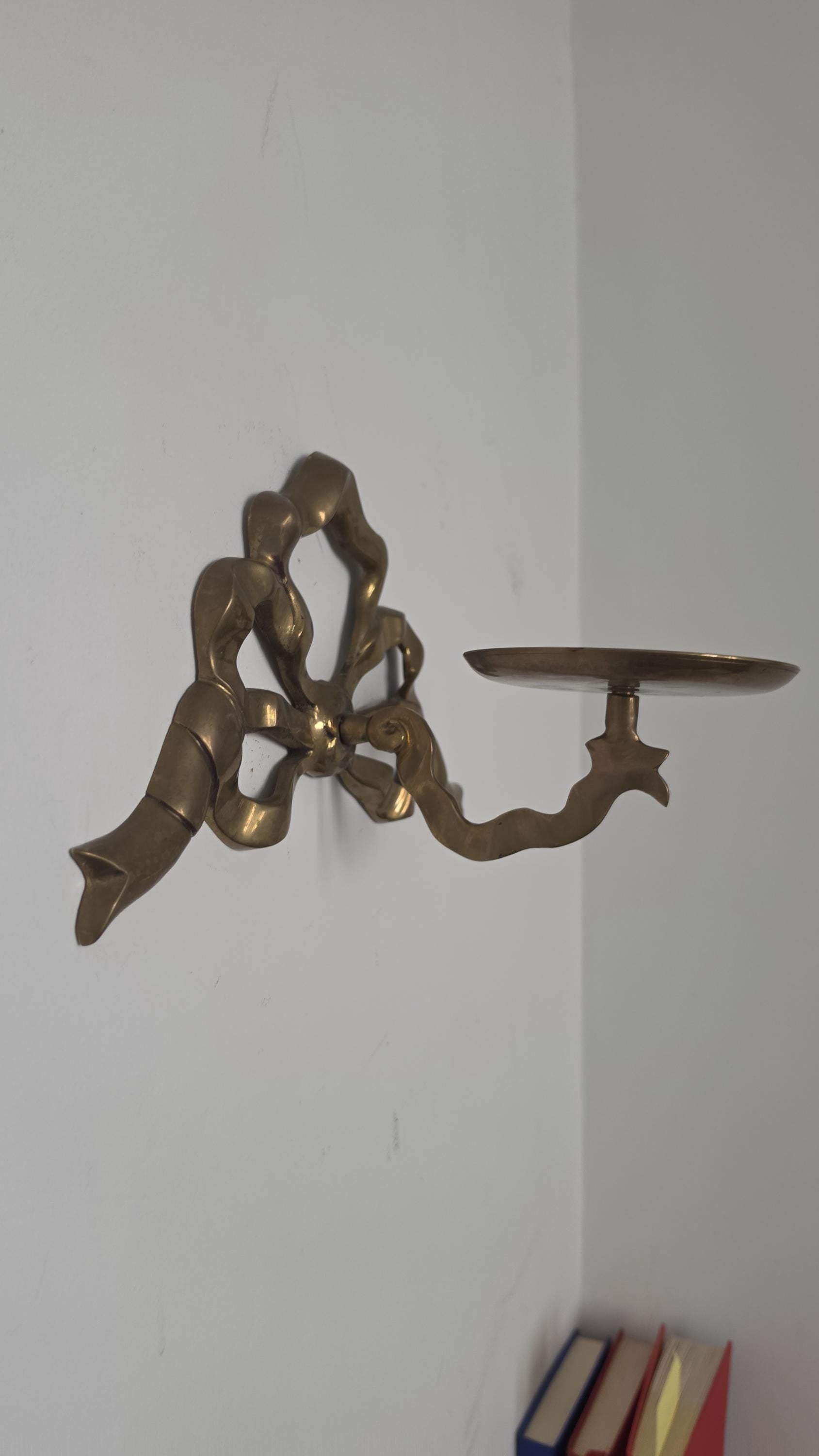 Vintage Brass Ribbon Wall Candle Holder, Hollywood Regency Sconce, Bow Wall Candle Shelf, French Country Decor, Ornate Brass Candleholder