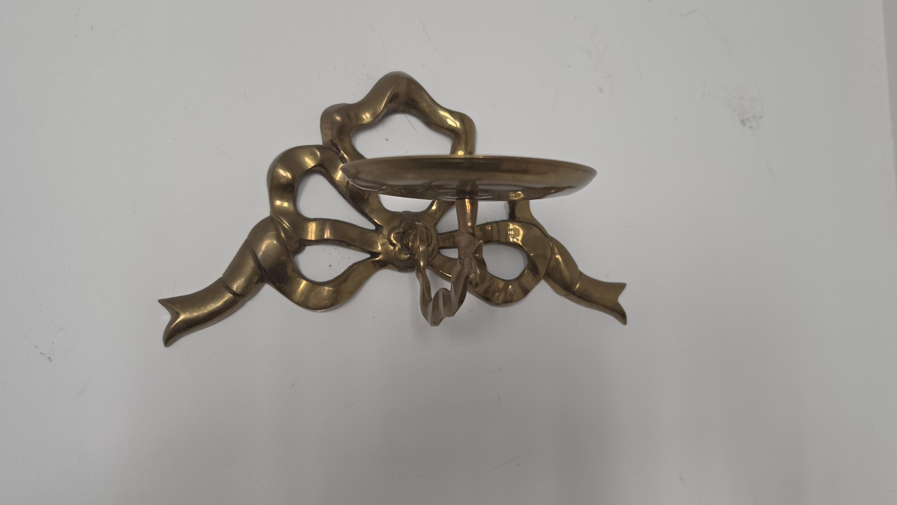 Vintage Brass Ribbon Wall Candle Holder, Hollywood Regency Sconce, Bow Wall Candle Shelf, French Country Decor, Ornate Brass Candleholder