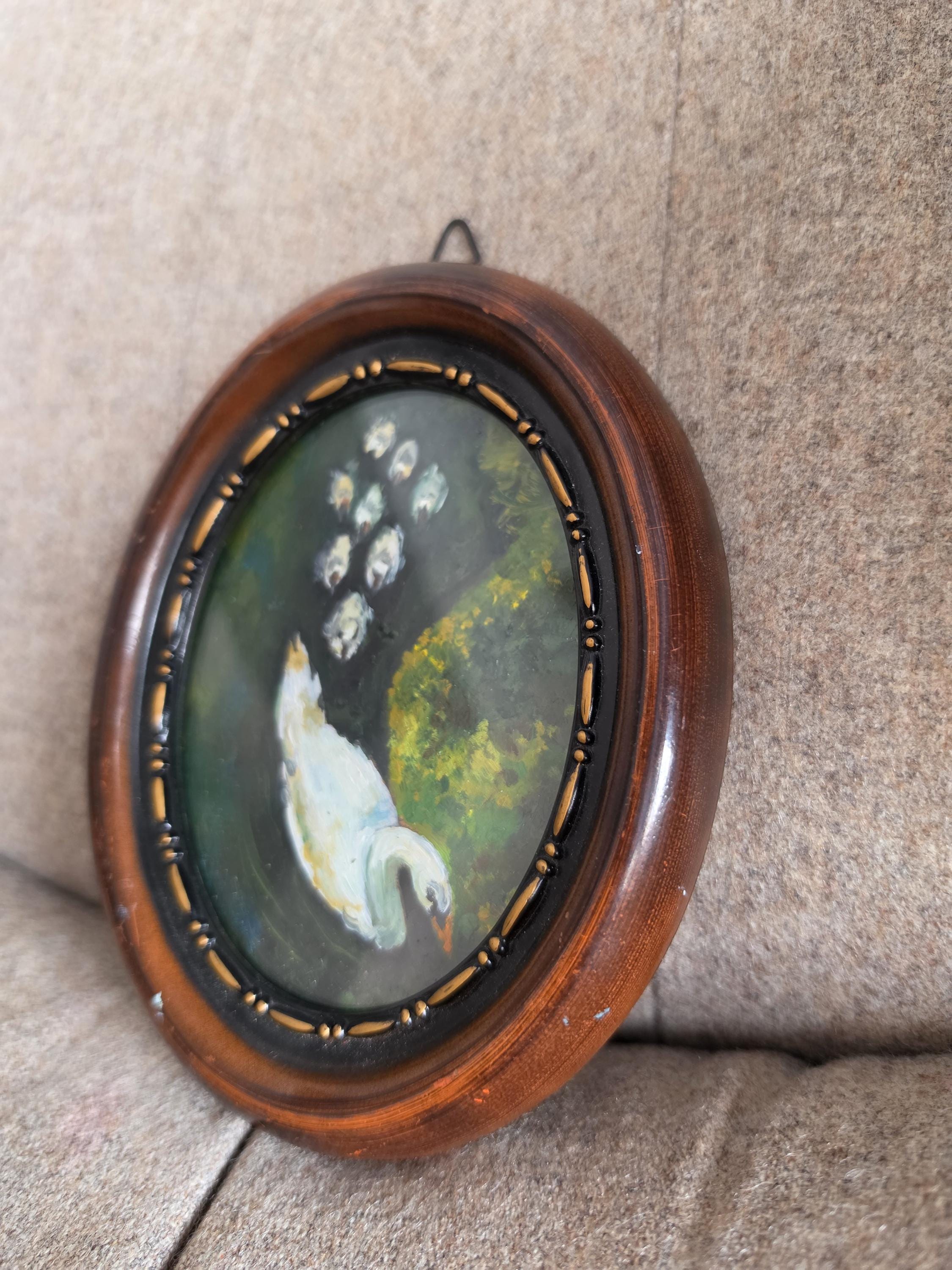 Original Swan Oil Painting, Miniature Bird Art, Oval Framed Painting, Hand Painted Wall Art, Cottagecore Decor, Small Nature Painting