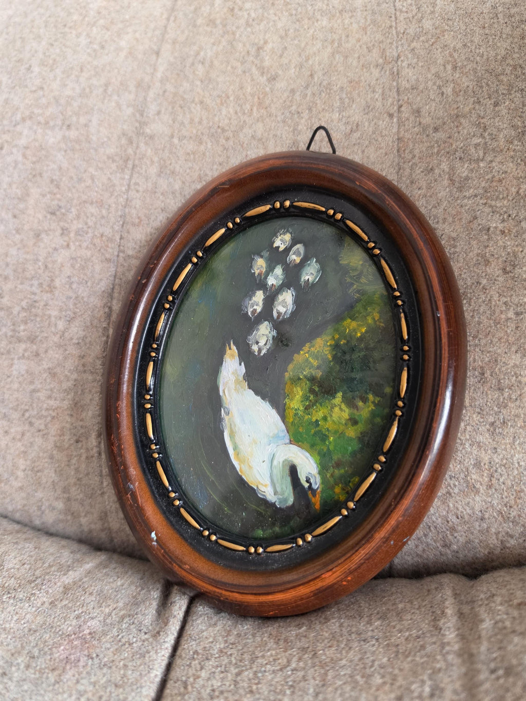 Original Swan Oil Painting, Miniature Bird Art, Oval Framed Painting, Hand Painted Wall Art, Cottagecore Decor, Small Nature Painting