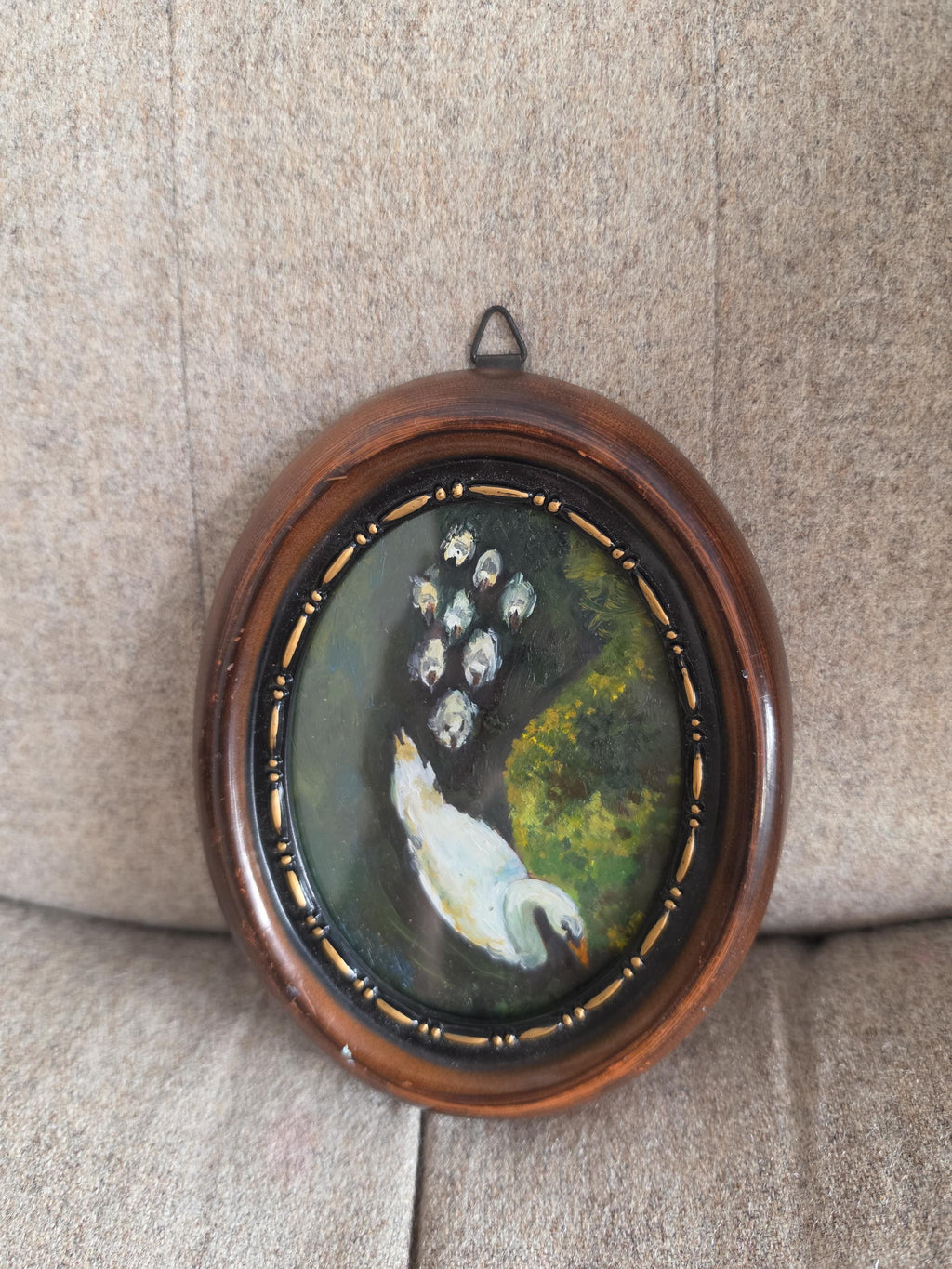 Original Swan Oil Painting, Miniature Bird Art, Oval Framed Painting, Hand Painted Wall Art, Cottagecore Decor, Small Nature Painting