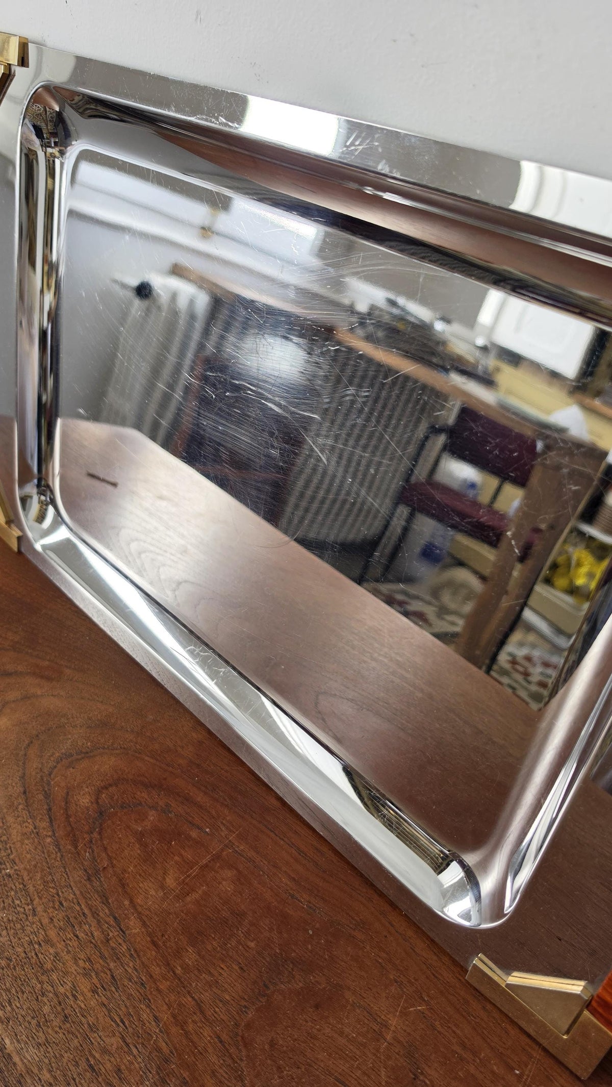 Art Deco Stainless Steel Serving Tray, Faux Tortoise Shell & Brass Gallery, Hollywood Regency Vanity Tray, Mid Century Modern Cocktail Tray