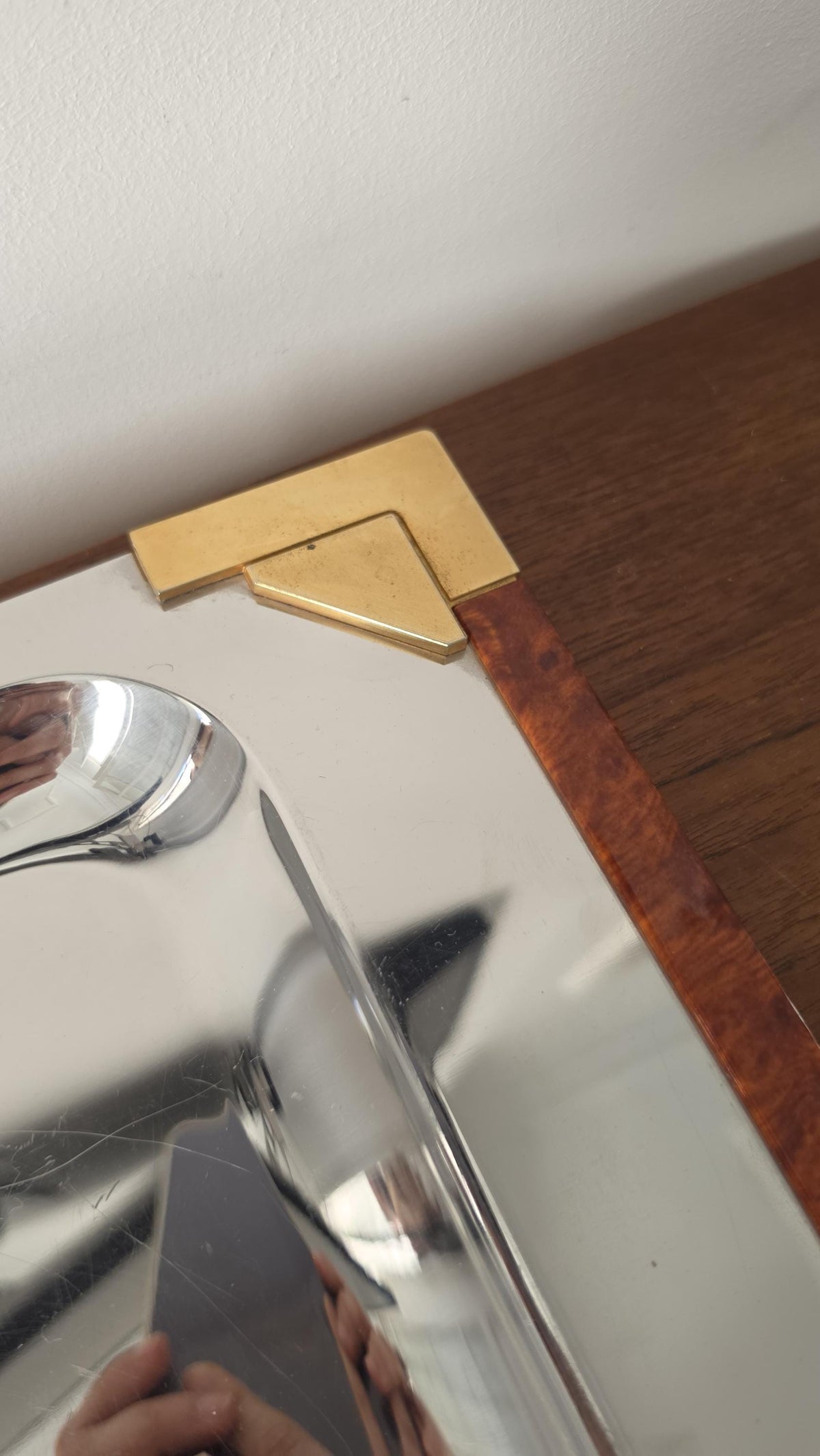 Art Deco Stainless Steel Serving Tray, Faux Tortoise Shell & Brass Gallery, Hollywood Regency Vanity Tray, Mid Century Modern Cocktail Tray