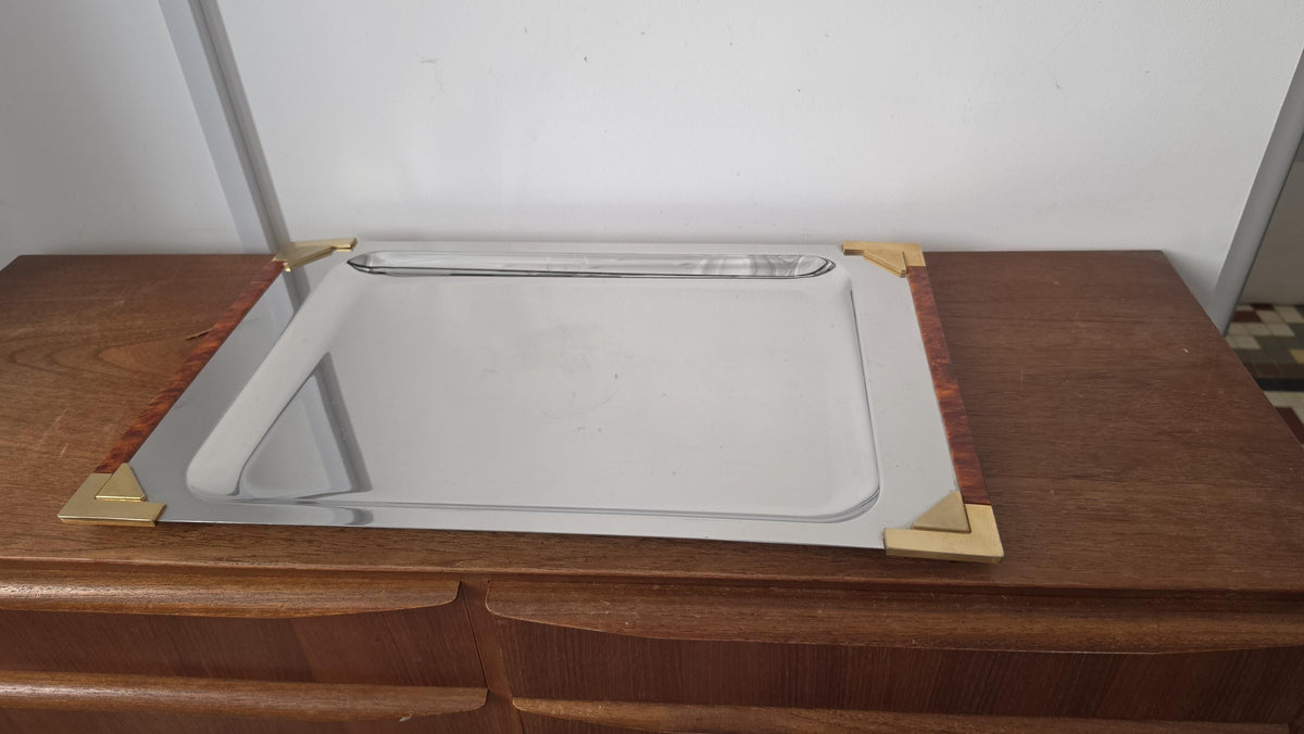 Art Deco Stainless Steel Serving Tray, Faux Tortoise Shell & Brass Gallery, Hollywood Regency Vanity Tray, Mid Century Modern Cocktail Tray