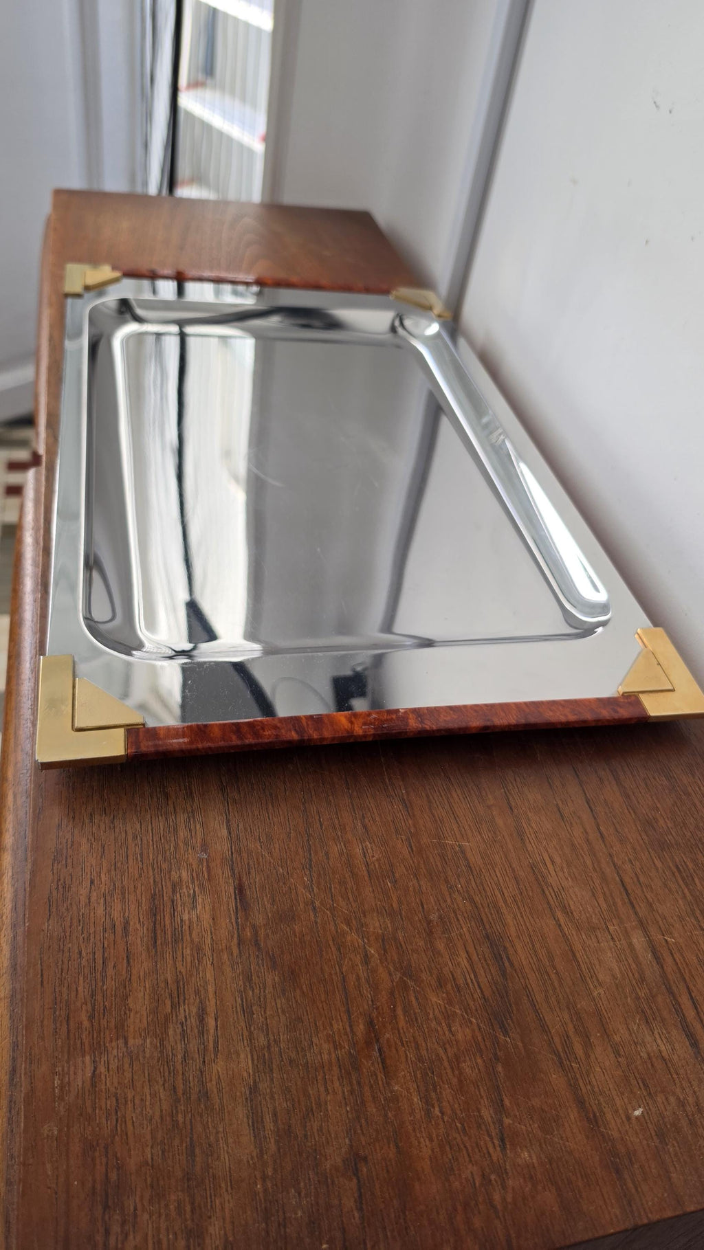 Art Deco Stainless Steel Serving Tray, Faux Tortoise Shell & Brass Gallery, Hollywood Regency Vanity Tray, Mid Century Modern Cocktail Tray