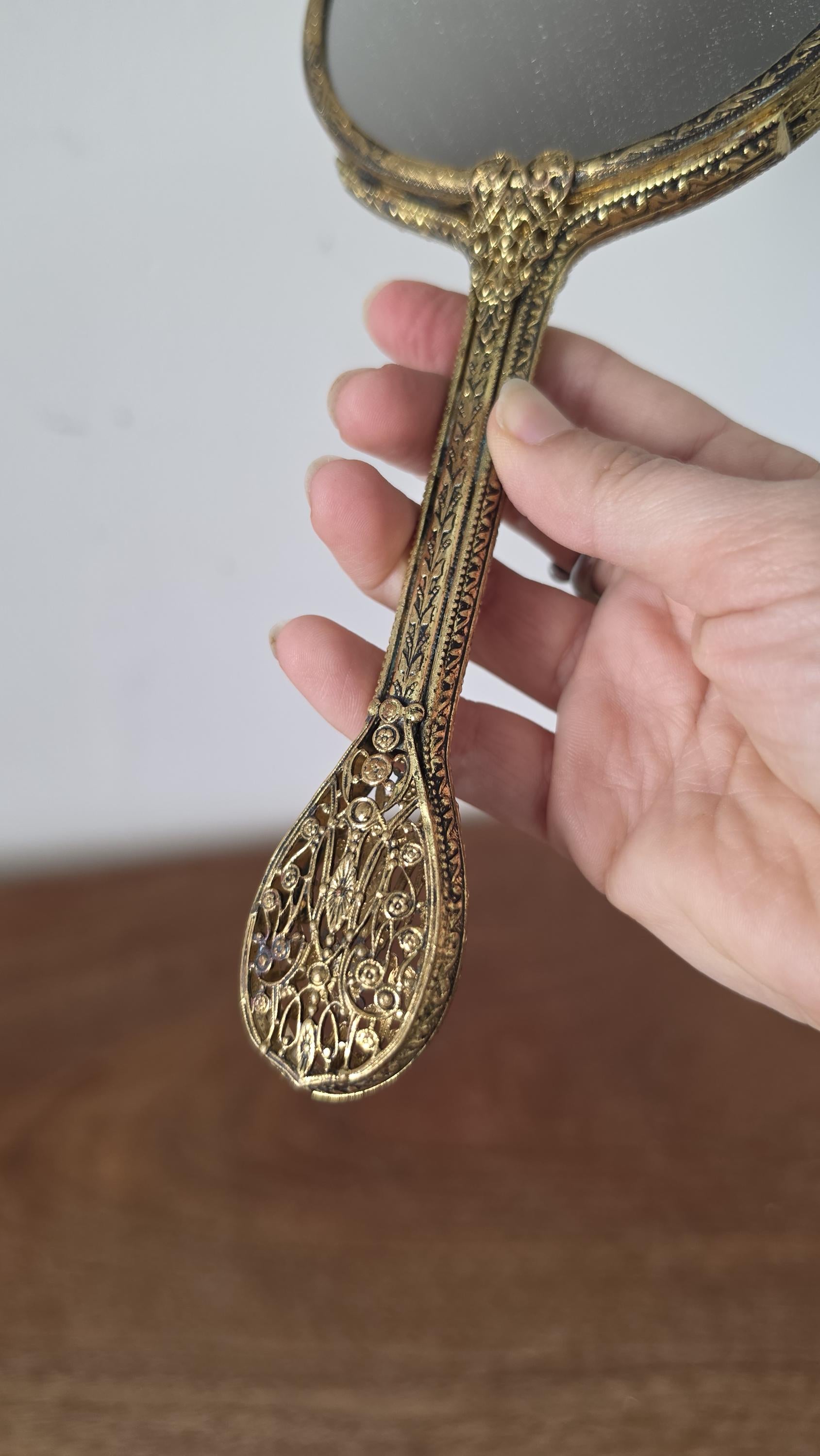 Vintage Gold Tone Hand Mirror with Petit Point Floral Needlepoint, Ornate Vanity Mirror, Hollywood Regency Dressing Table Decor