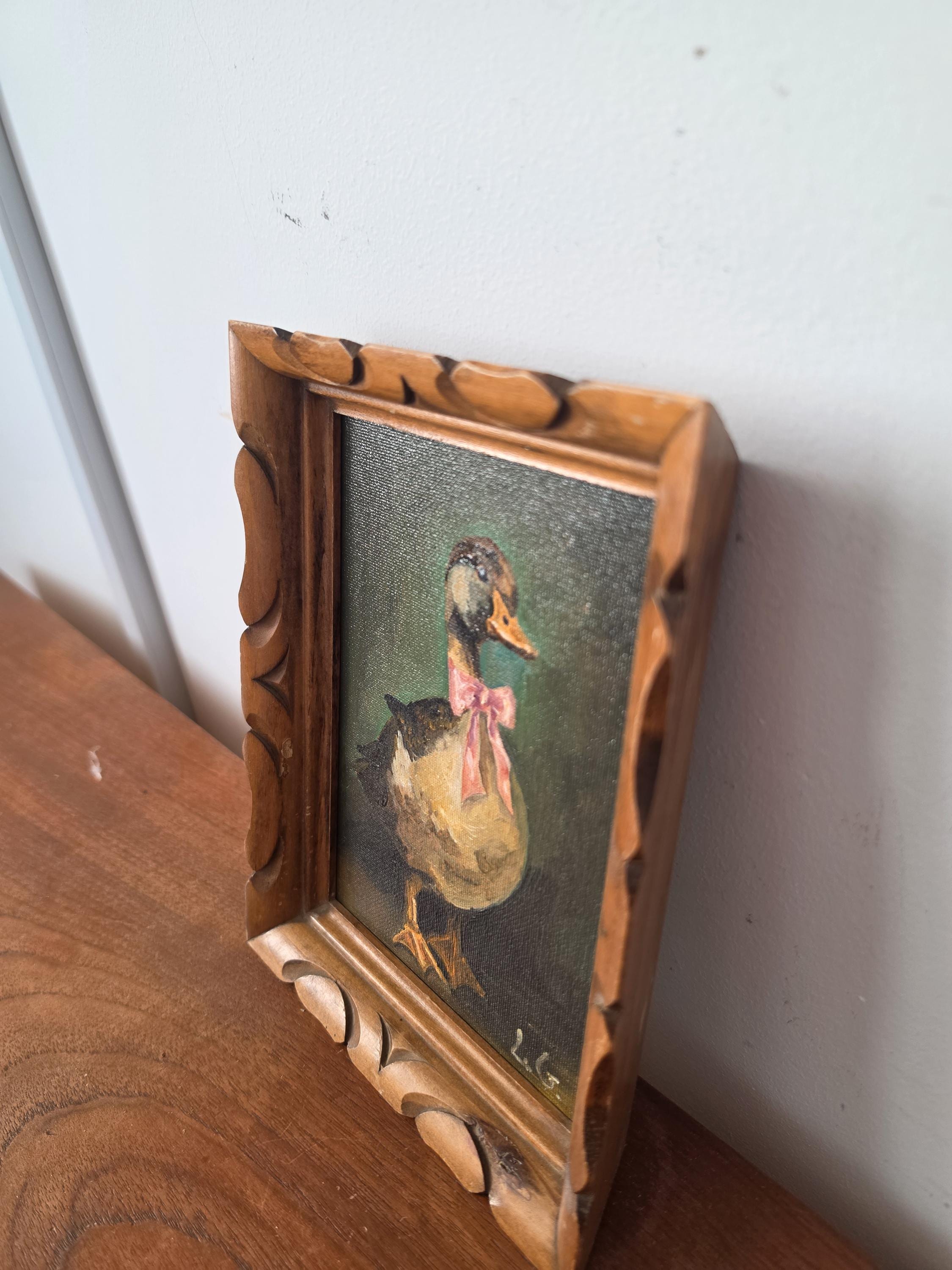 Original Duck Oil Painting in Hand-Carved Wooden Frame, Folk Art Mallard Portrait, Rustic Cottage Wall Decor, One of a Kind Artwork
