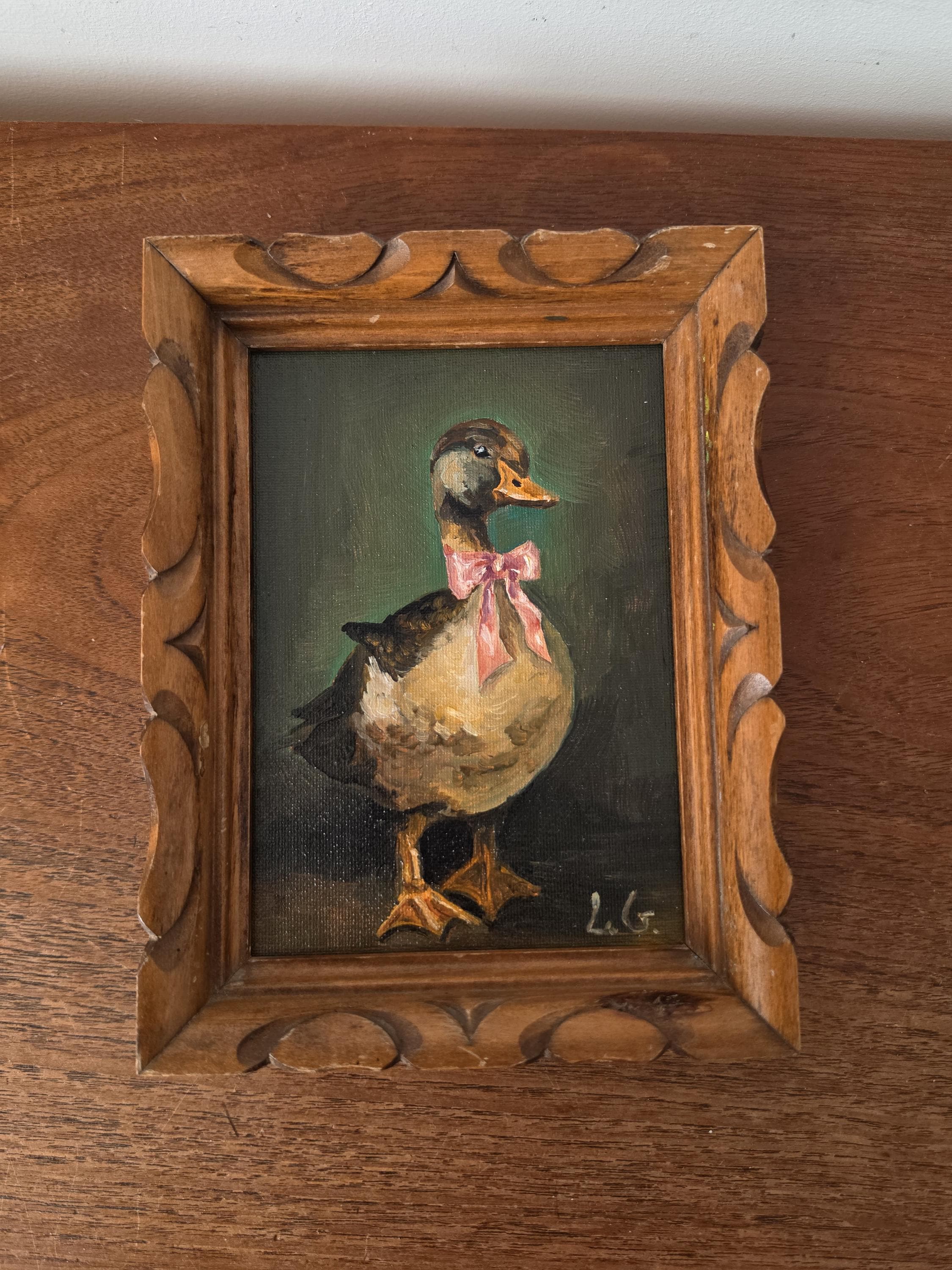 Original Duck Oil Painting in Hand-Carved Wooden Frame, Folk Art Mallard Portrait, Rustic Cottage Wall Decor, One of a Kind Artwork