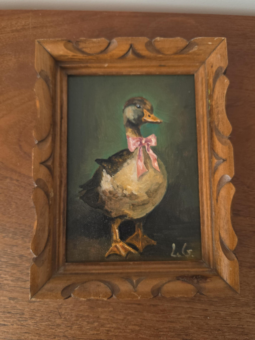 Original Duck Oil Painting in Hand-Carved Wooden Frame, Folk Art Mallard Portrait, Rustic Cottage Wall Decor, One of a Kind Artwork