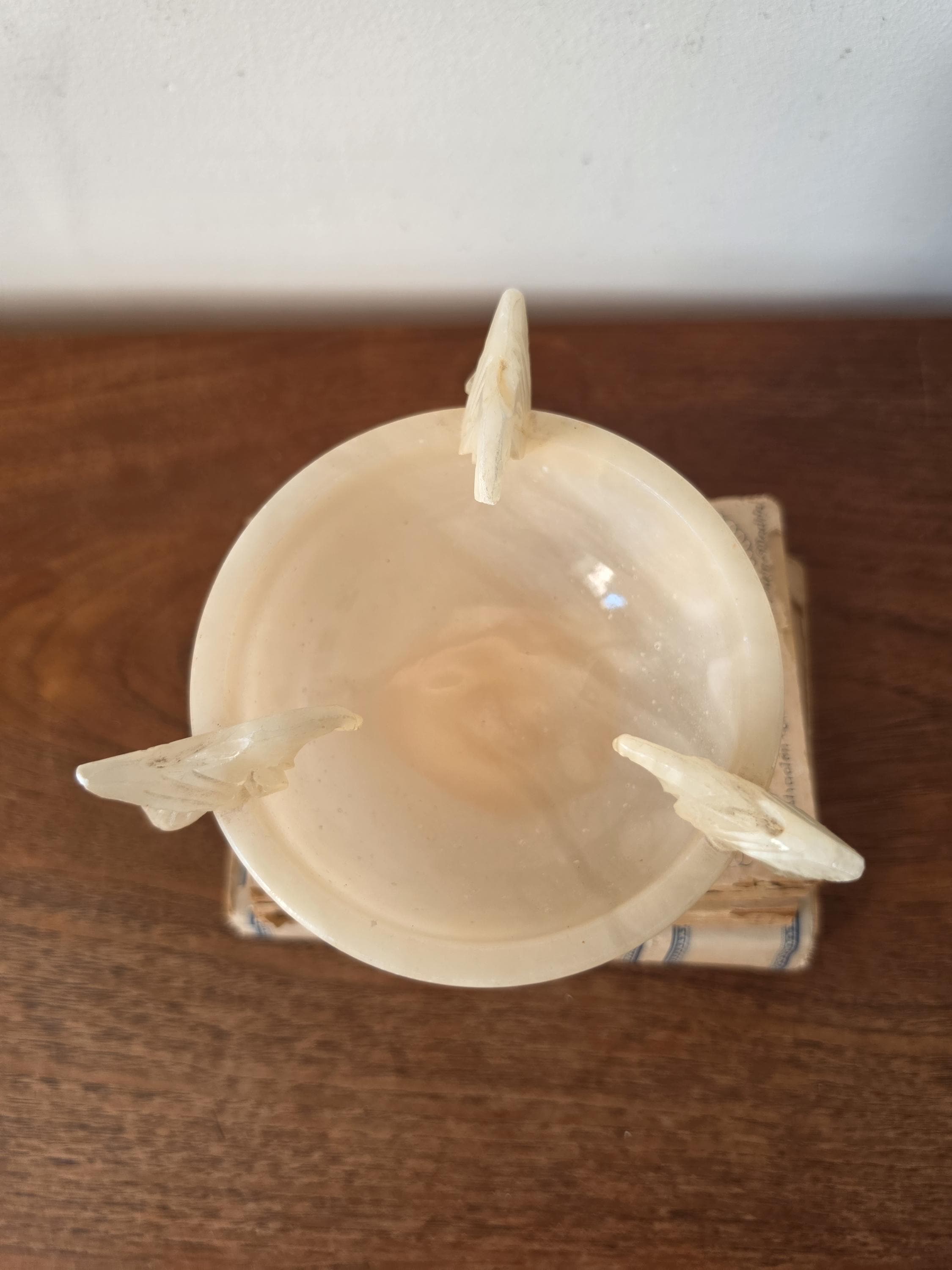 Vintage Alabaster Pedestal Bowl with Bird Handles, Carved Stone Compote, Italian Onyx Centerpiece, Hollywood Regency Decor
