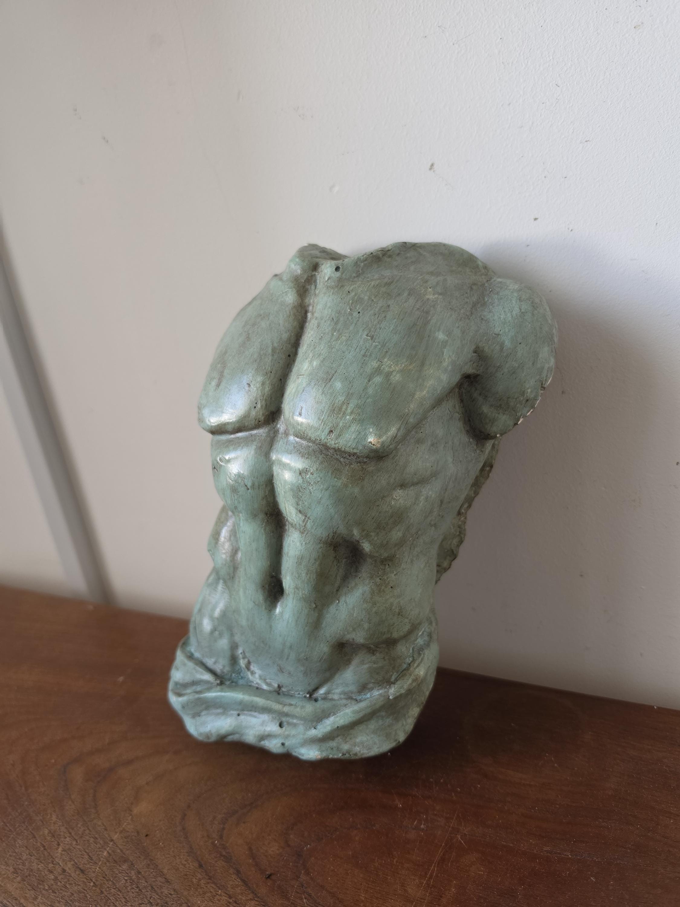 Vintage Male Torso Sculpture, Verdigris Plaster Bust, Classical Greek Roman Nude Statue, Grand Tour Decor, Wabi Sabi Art Object