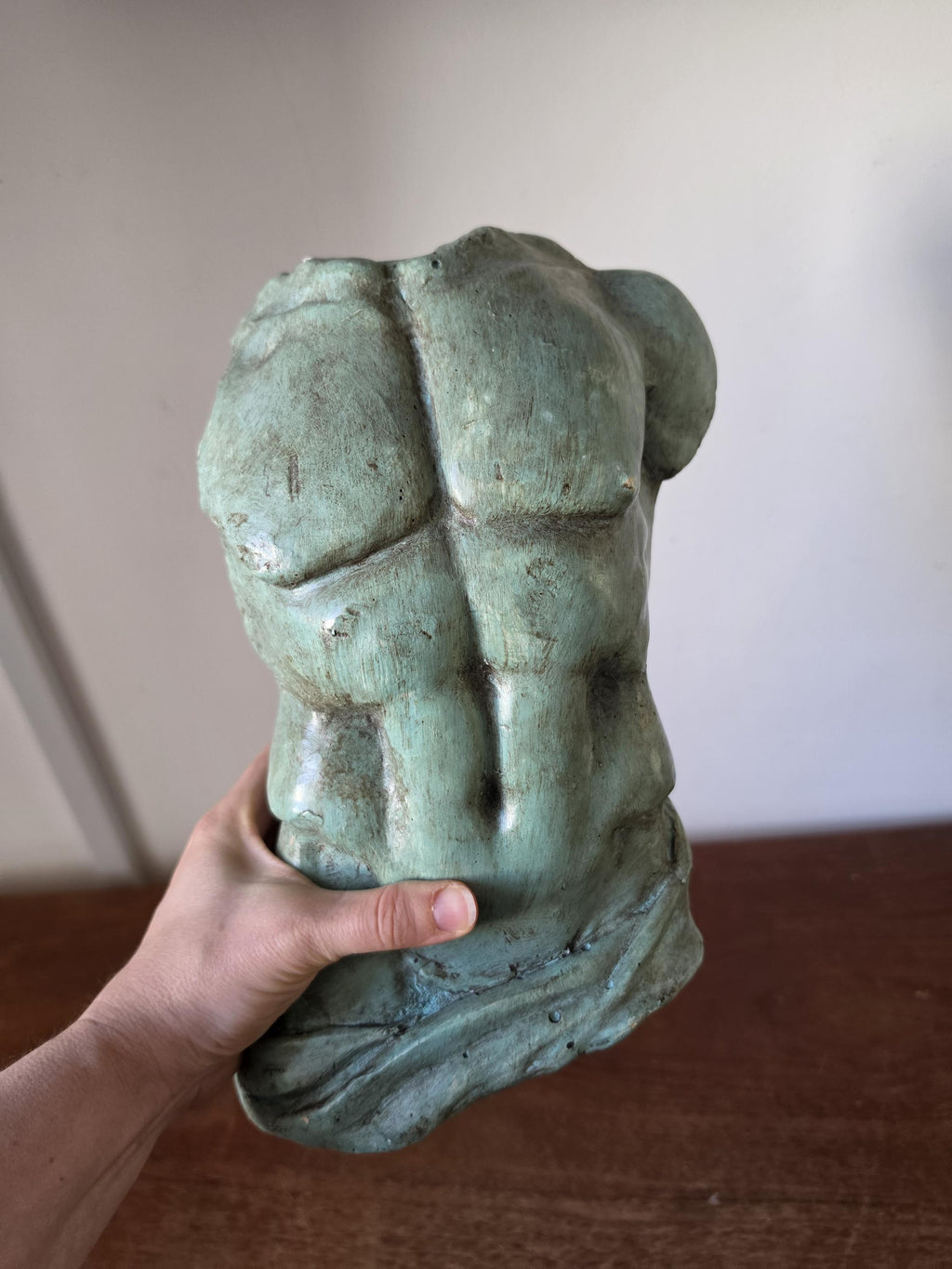 Vintage Male Torso Sculpture, Verdigris Plaster Bust, Classical Greek Roman Nude Statue, Grand Tour Decor, Wabi Sabi Art Object
