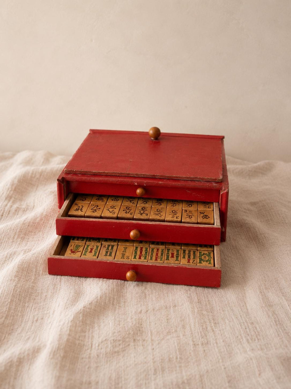 Vintage Japanese Mahjong Set in Red Wooden Cabinet