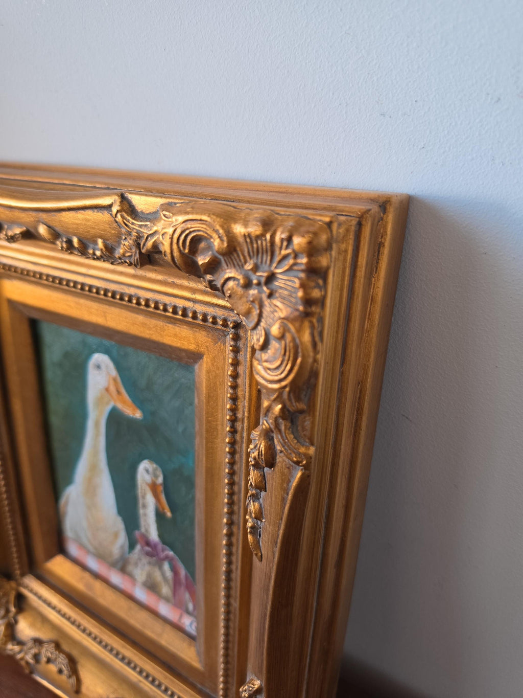 Original Duck Oil Painting in Vintage Gold Frame, White Ducks Portrait, Cottagecore Farmhouse Wall Art, Framed Animal Painting,
