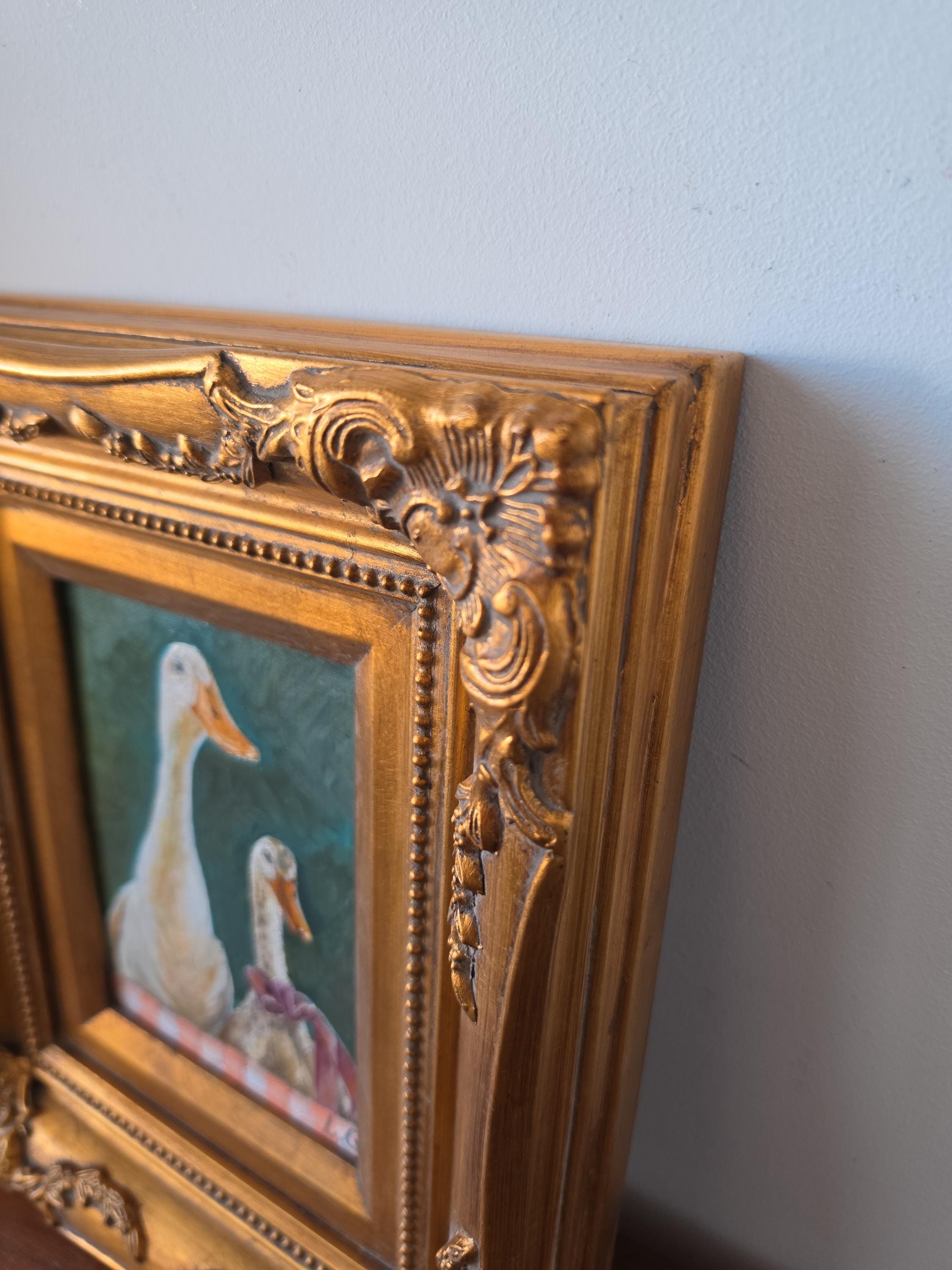 Original Duck Oil Painting in Vintage Gold Frame, White Ducks Portrait, Cottagecore Farmhouse Wall Art, Framed Animal Painting,