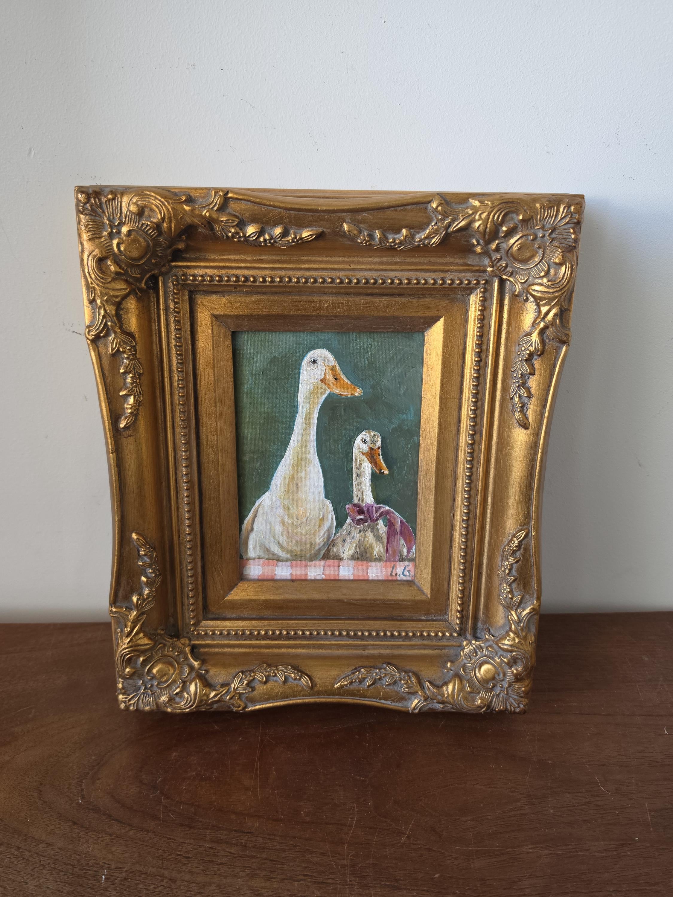 Original Duck Oil Painting in Vintage Gold Frame, White Ducks Portrait, Cottagecore Farmhouse Wall Art, Framed Animal Painting,