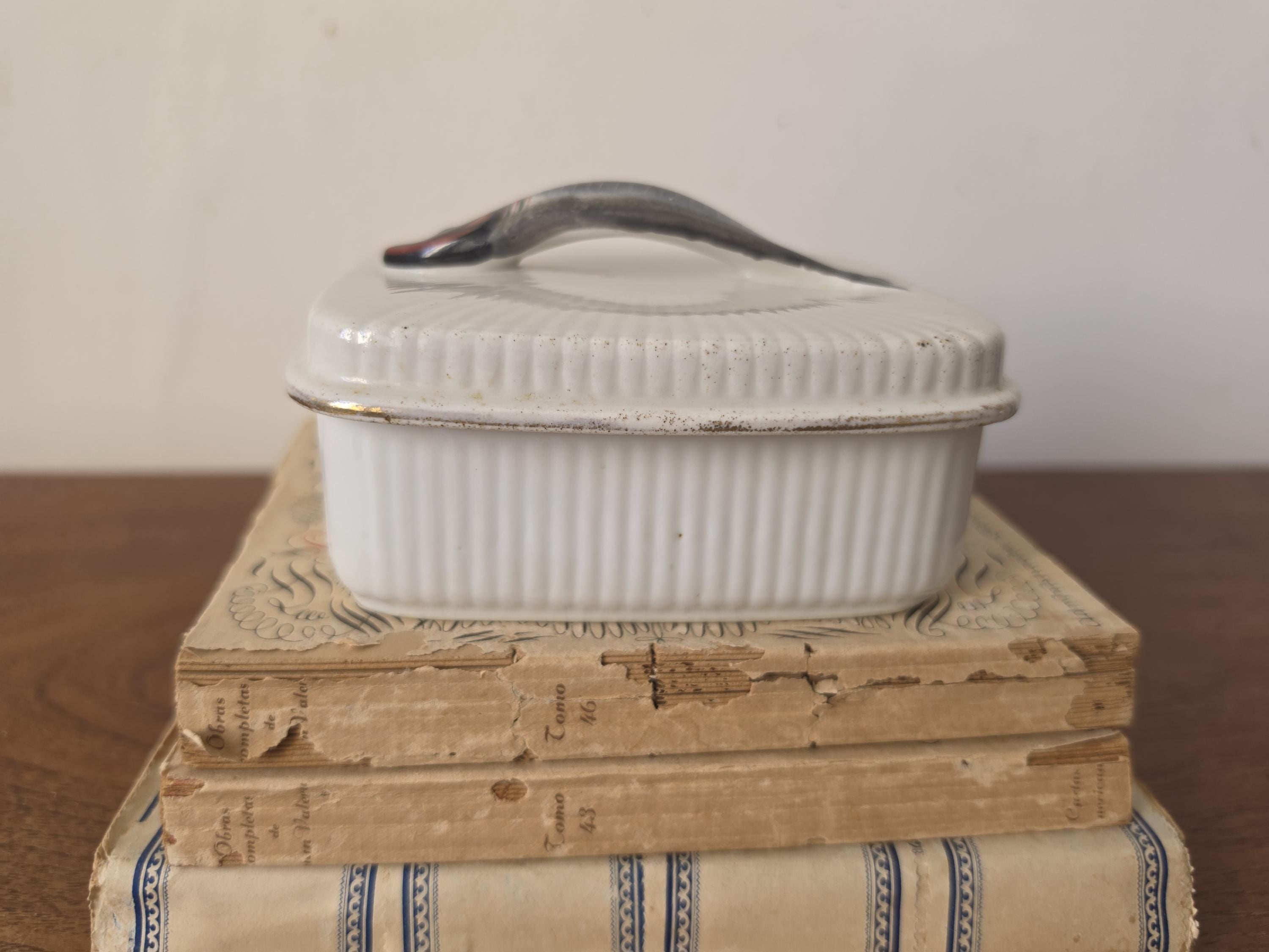 Antique French Porcelain Sardine Box, Hand Painted Fish Trinket Box, France Ceramic Lidded Box, Coastal Nautical Decor
